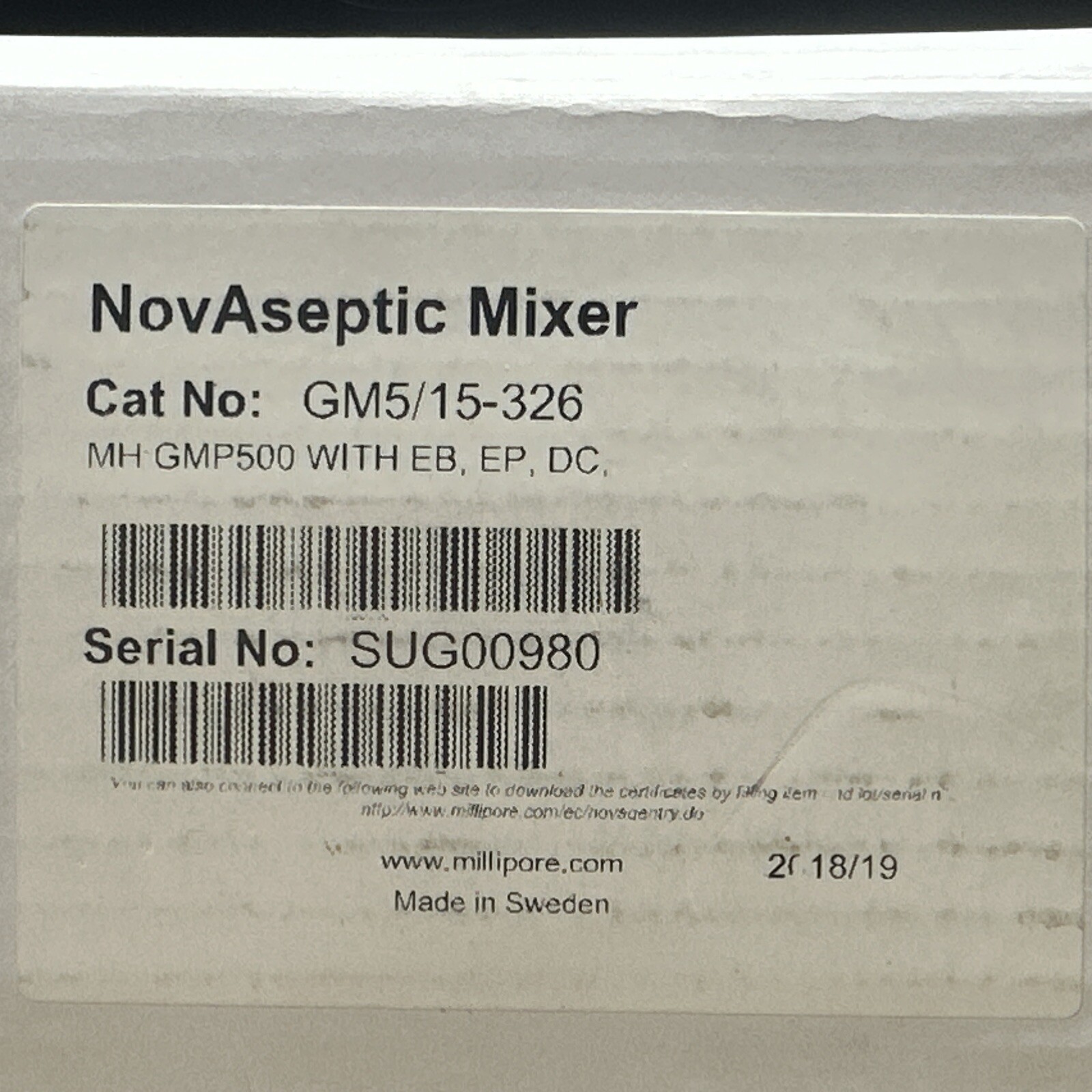 NEW IN BOX- Millipore NovAseptic GM5/15-326 Mixing Head GMP500 W/ EB, EP, DC
