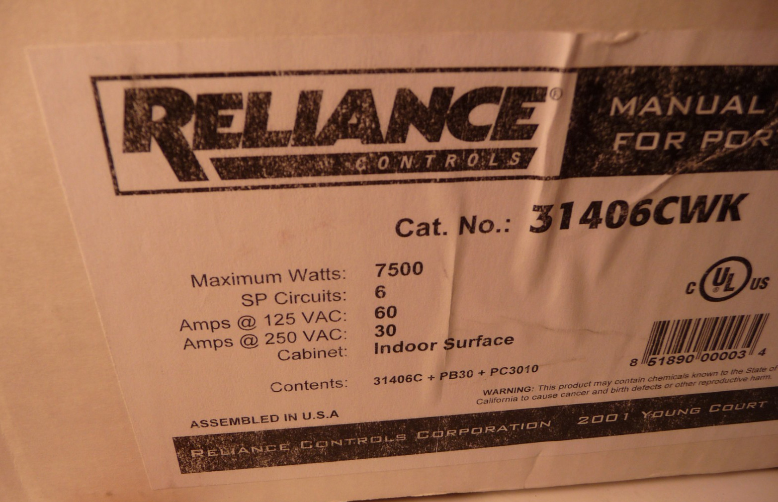 Reliance Controls Corporation 31406CWK 30 Amp 6-circuit Pro/Transfer Switch Kit
