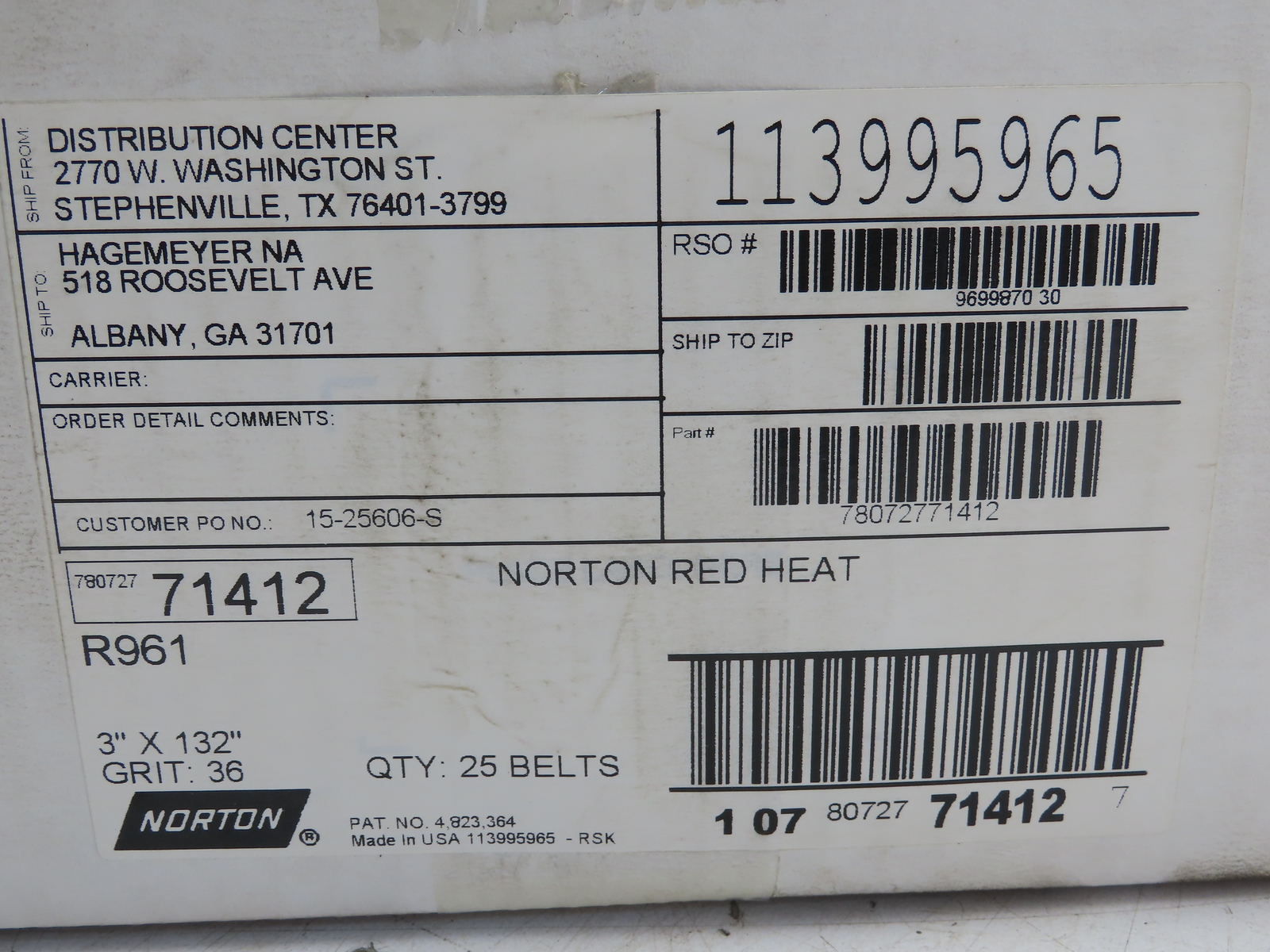 Norton R961 65778 Red Heat Ceramic 3″x132″ 36 Grit Cloth Belt Box Of 25 Belts