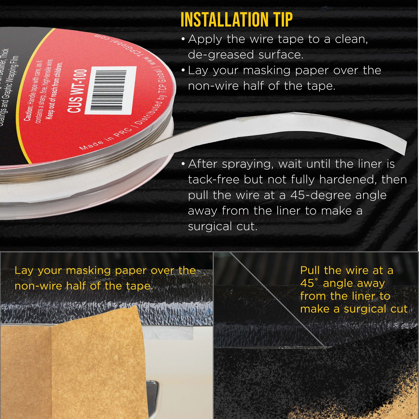 Custom Coat Bedliner Wire Edge Tape 1/4″ x 100ft Trim Cutting Filament