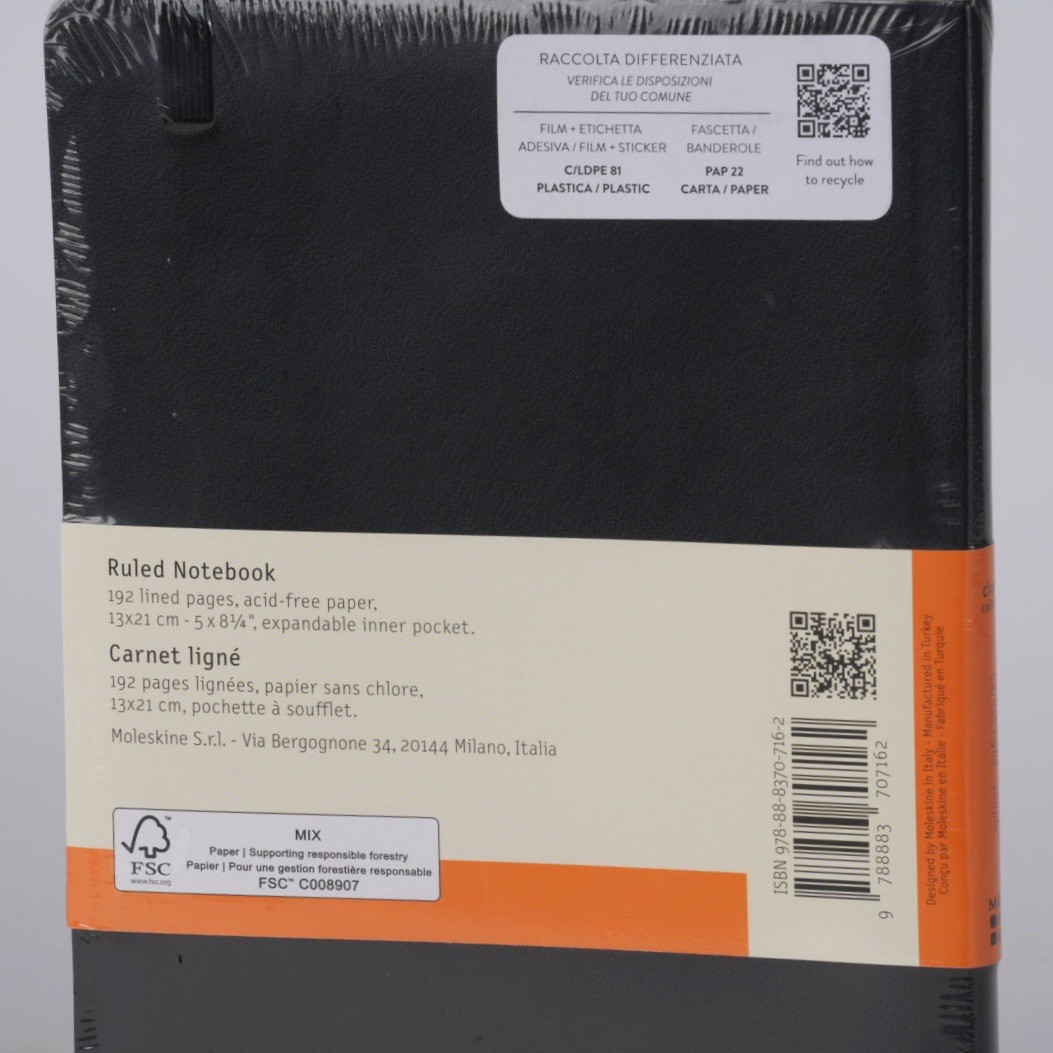 MOLESKINE Notebook Classic Soft Cover LINED Notebook 192 Pages 5” x 8-1/4” BLACK