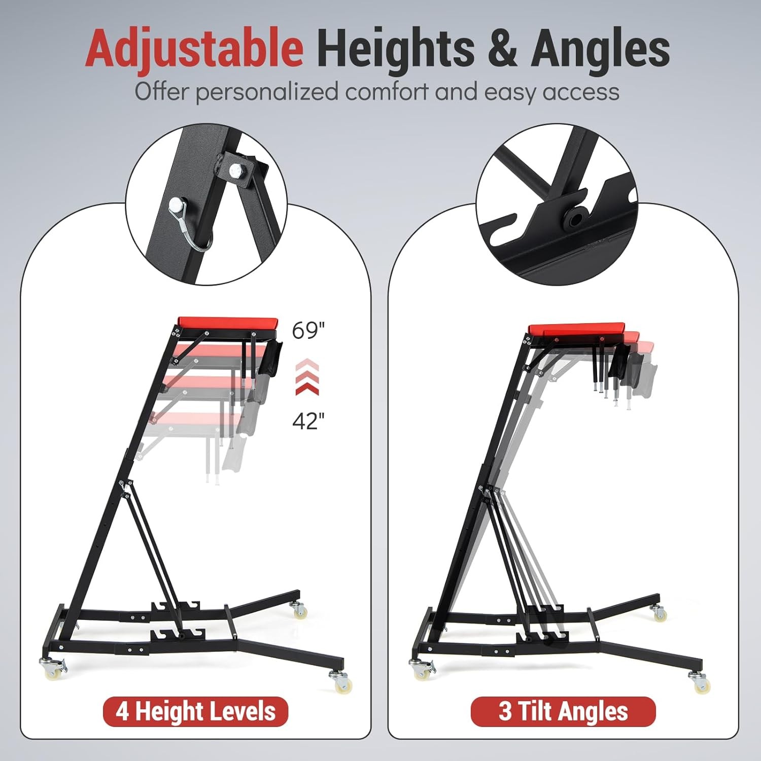 Foldable Topside Engine Creeper 42″-69″ Adjustable 400LBS Black Red