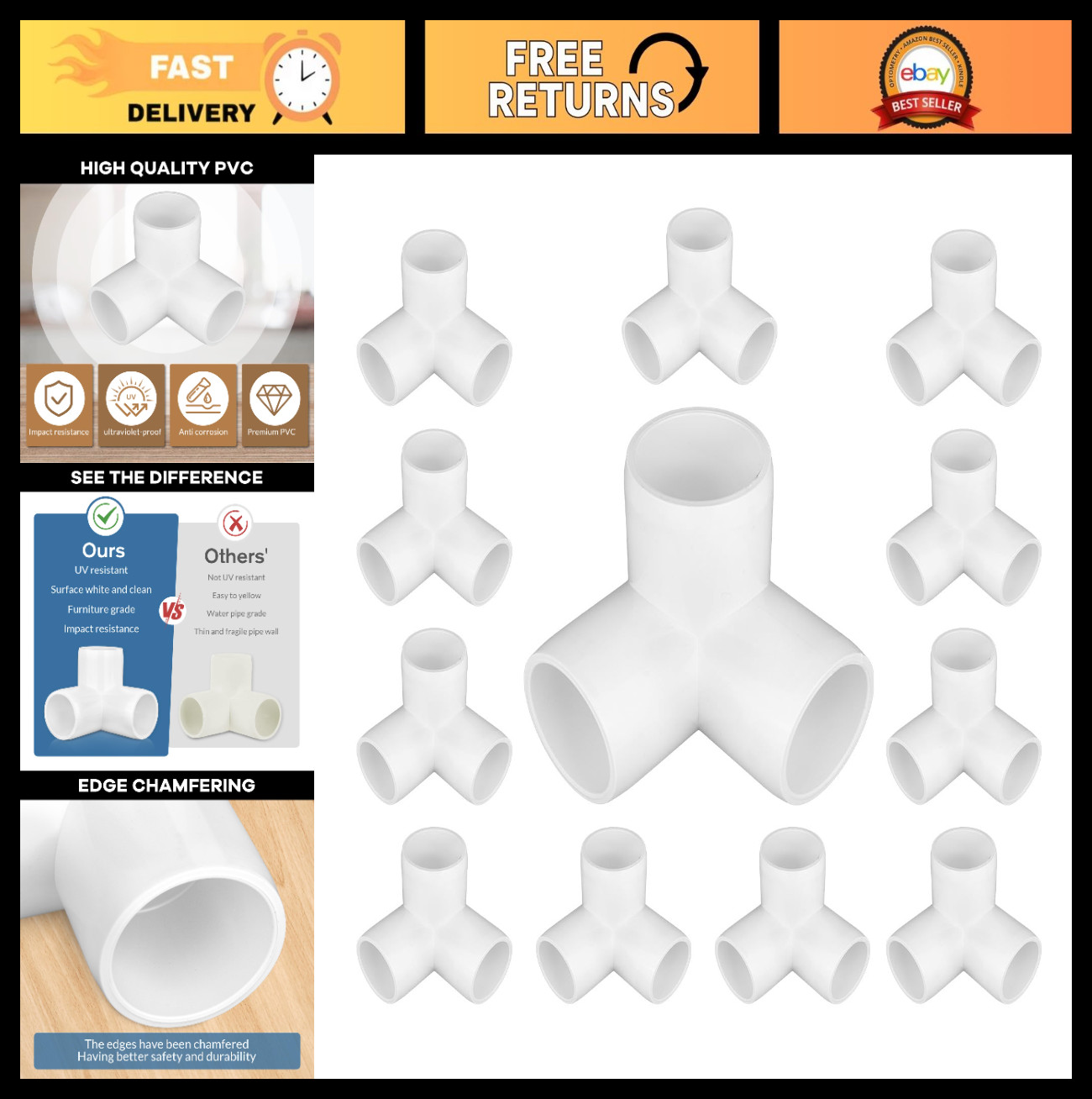 12-Pack 1″ PVC Elbow Fittings, 3-Way Furniture Grade Connectors for DIY Projects