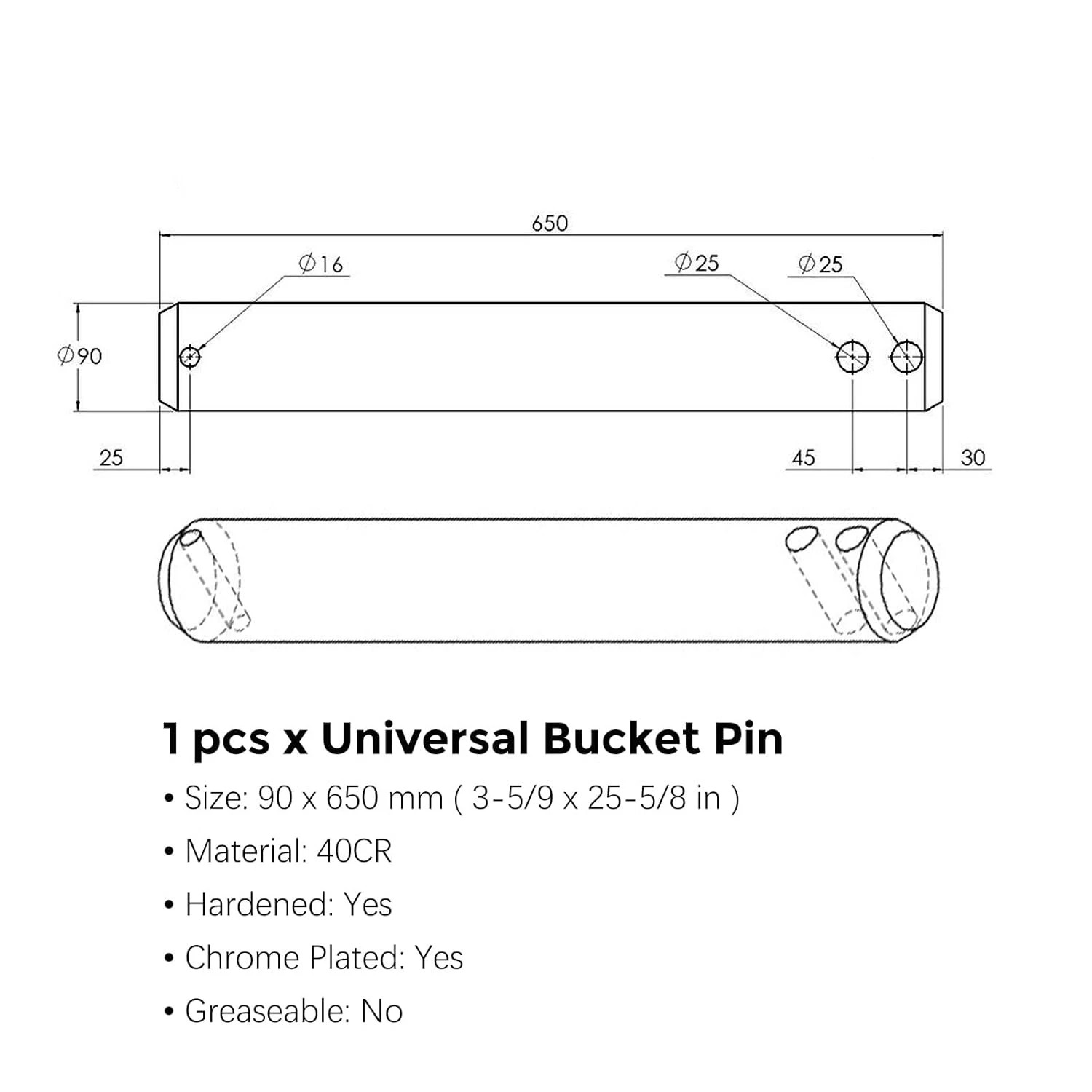 Excavator Bucket Pin one pin 90mm X 650mm CAT 336 345 349 25-1/2” Volvo John D