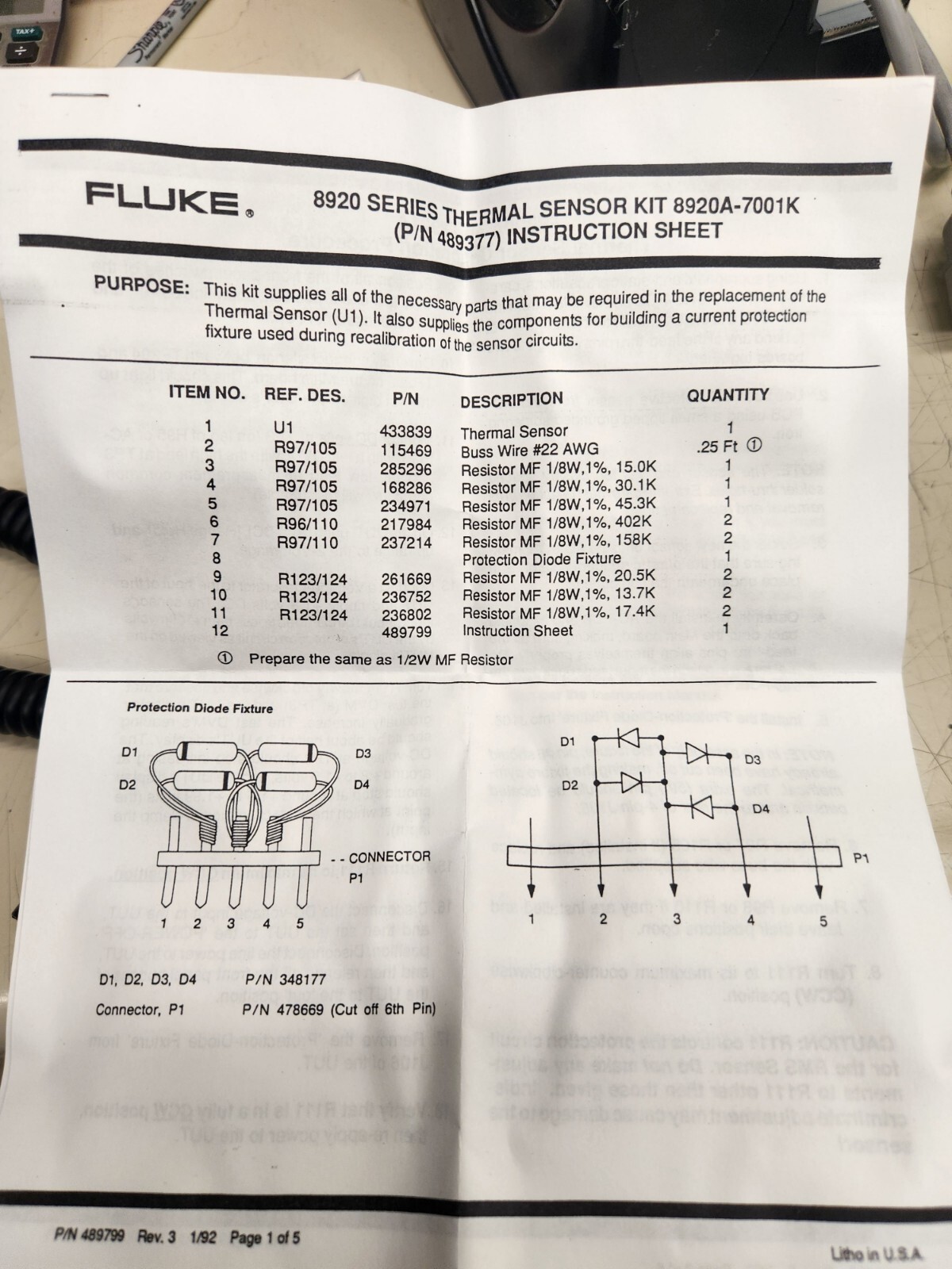 Fluke 8920A-7001K THERMAL SENSOR KIT PN 489377 WITH INSTRUCTIONS