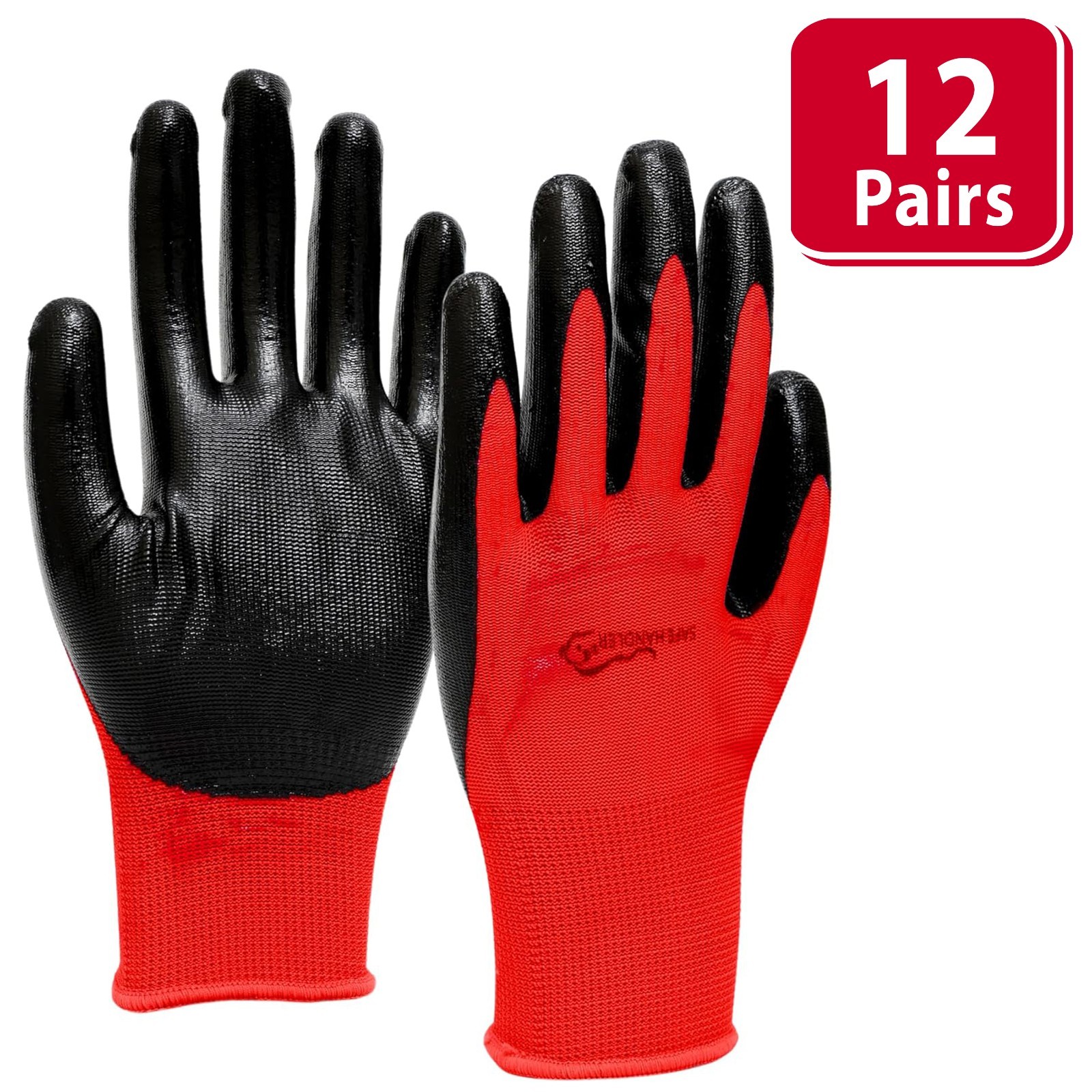 Nitrile Work Gloves, Abrasion Resistant, OSFM (12 Pairs)