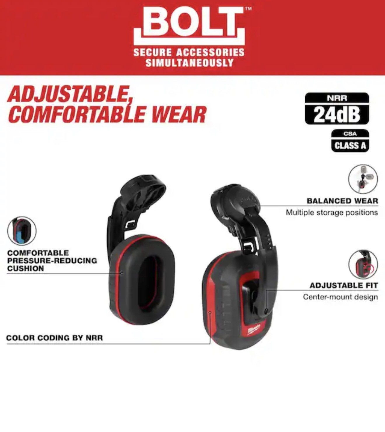 Milwaukee BOLT 24dB Earmuffs 48-73-3250 Hard Hat Mounted Hearing Protection