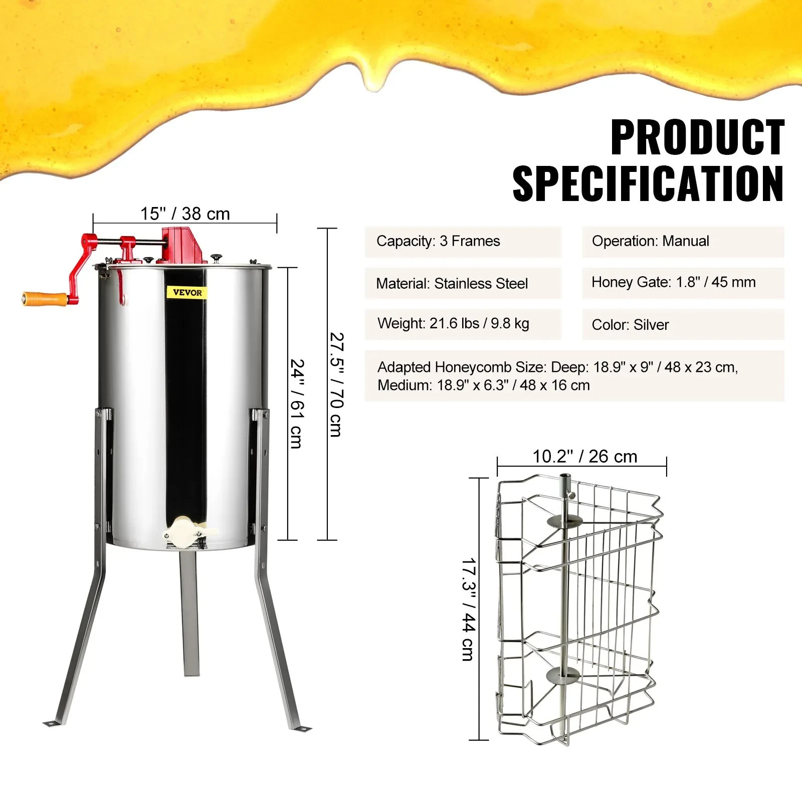 Manual Honey Extractor Beekeeping Equipment 3 Frames Stainless Steel