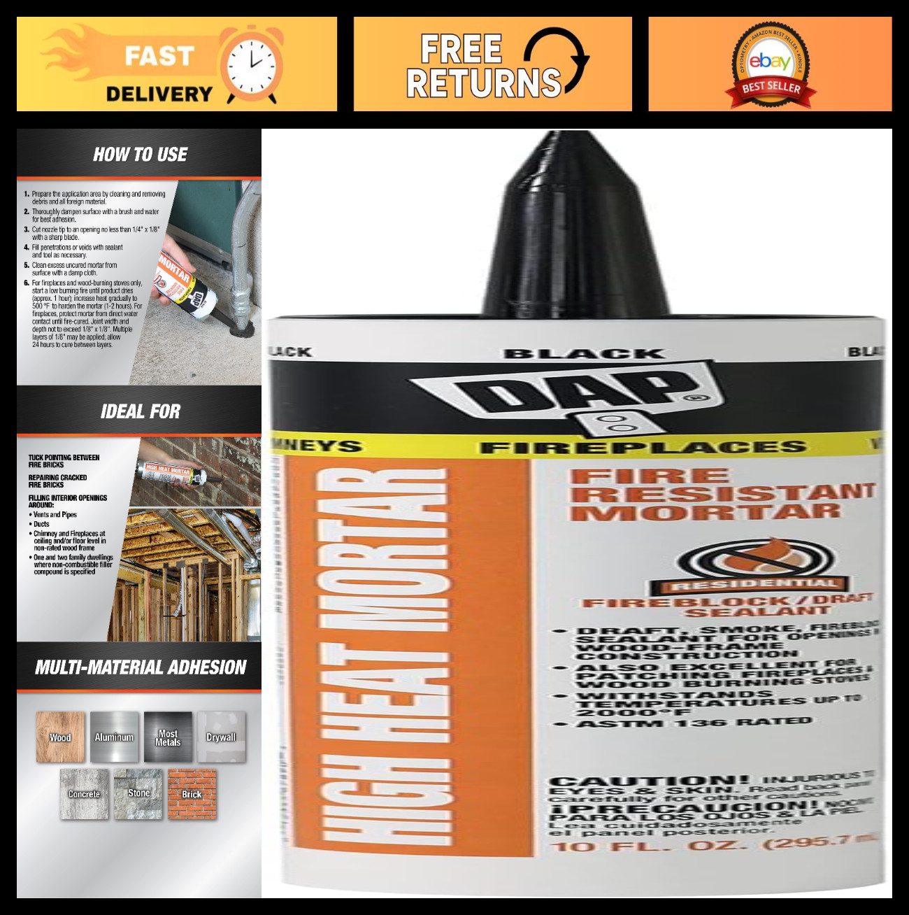 High Heat Fire Resistant Mortar, 10 Oz, Black – Pack of 6, Heatproof Adhesive Se
