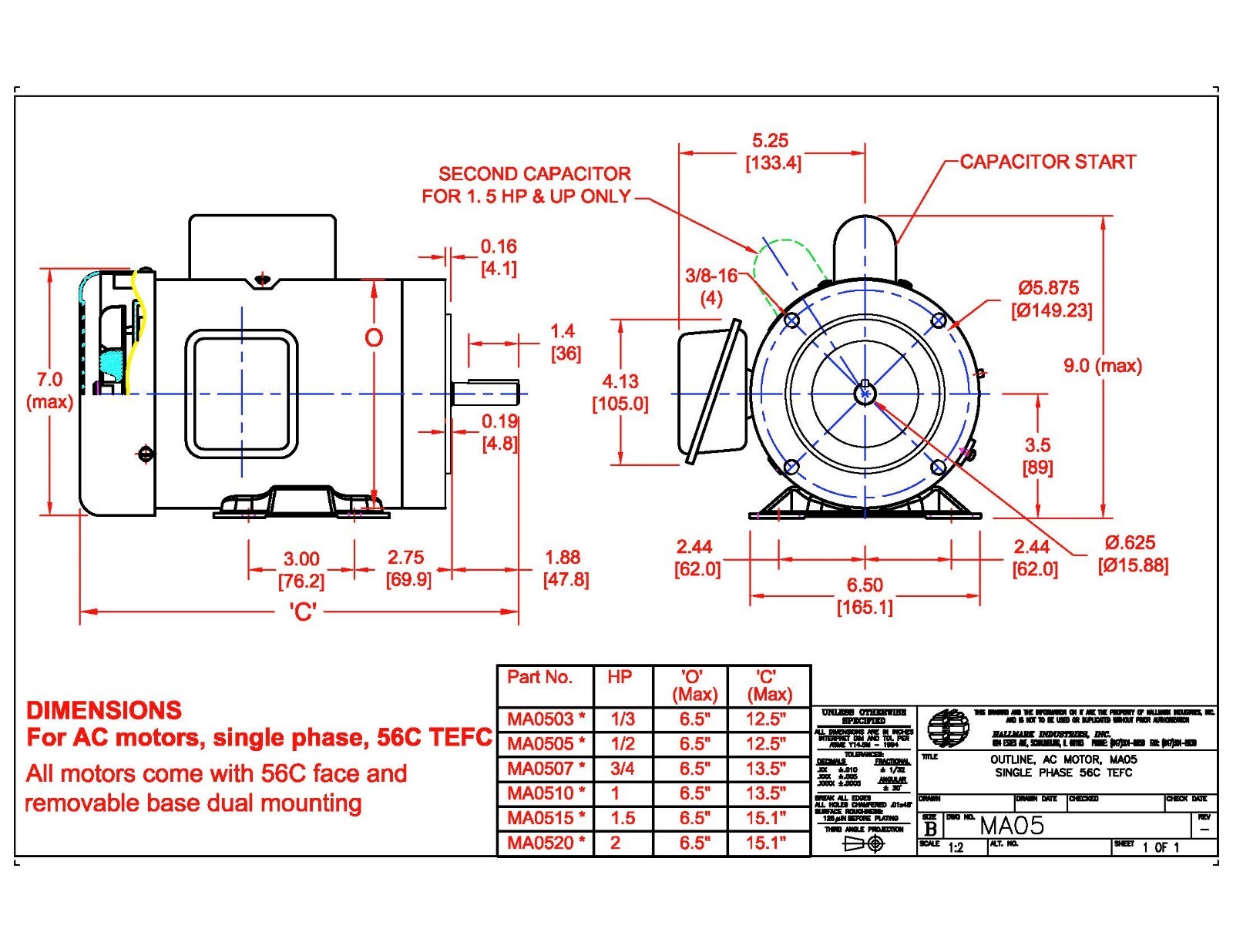 AC MOTOR, 1HP, 3450 RPM, 1PH, 115V/208-230V, 56C/TEFC, With base