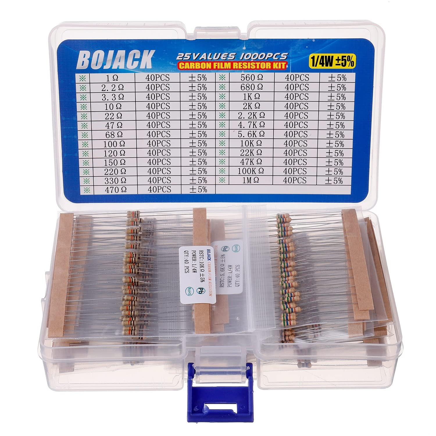 1000 Pcs 25 Values Resistor Kit 1 Ohm-1M Ohm with 5% 1/4W Carbon Film Resistors