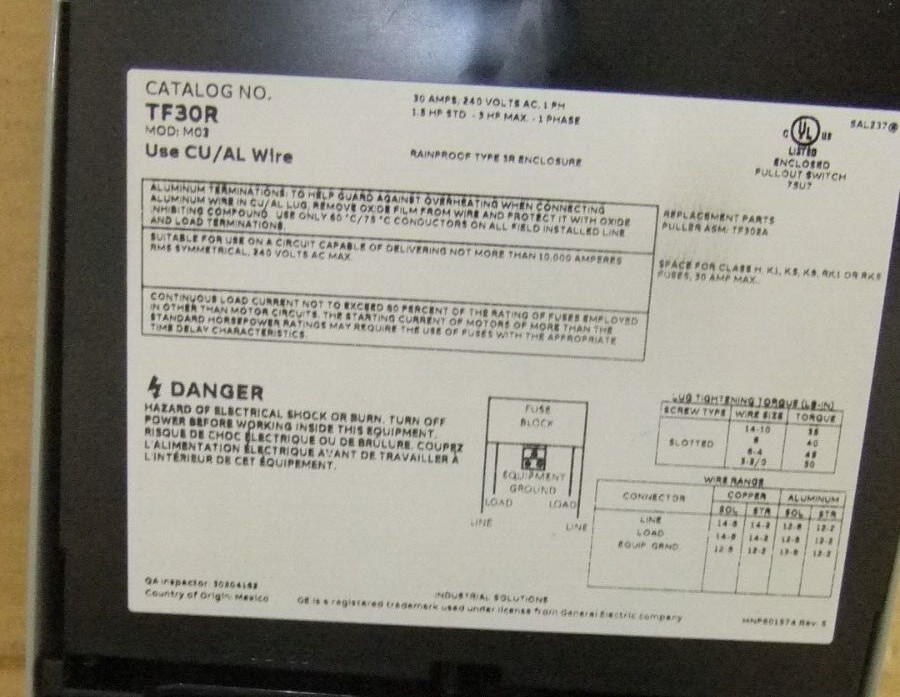 GE TF30RCP 240V 30A AC Disconnect Safety Switch –