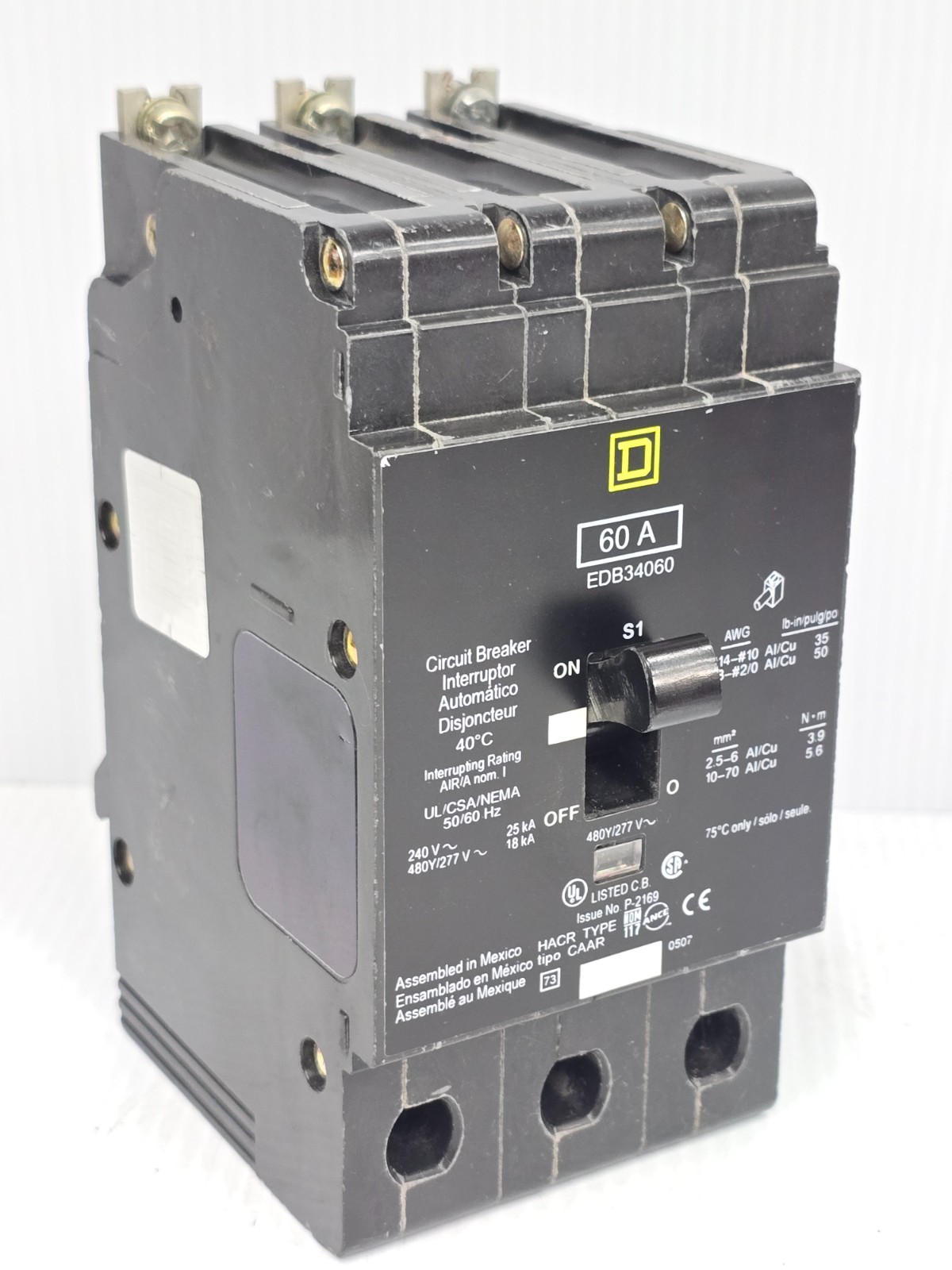 Square D 60 Amp Bolt-On Circuit Breaker 480Y/277 VAC 3 Pole 25 kA EDB34060
