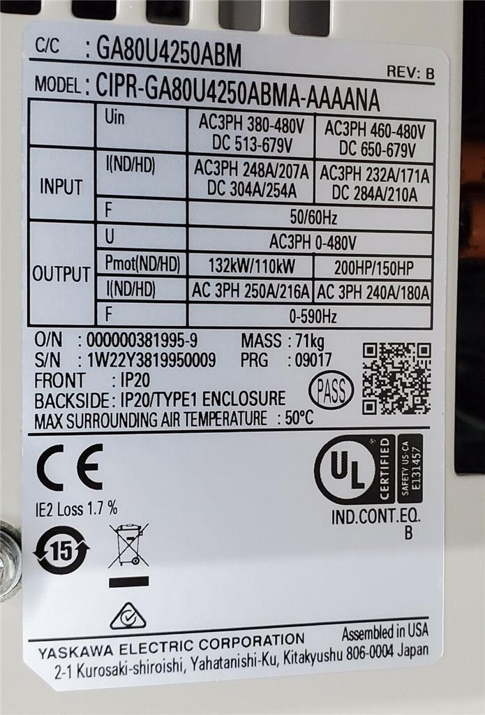 GA80U4250ABM Yaskawa AC Drives GA800 Series 150HP 200HP 480V 216A CT OP