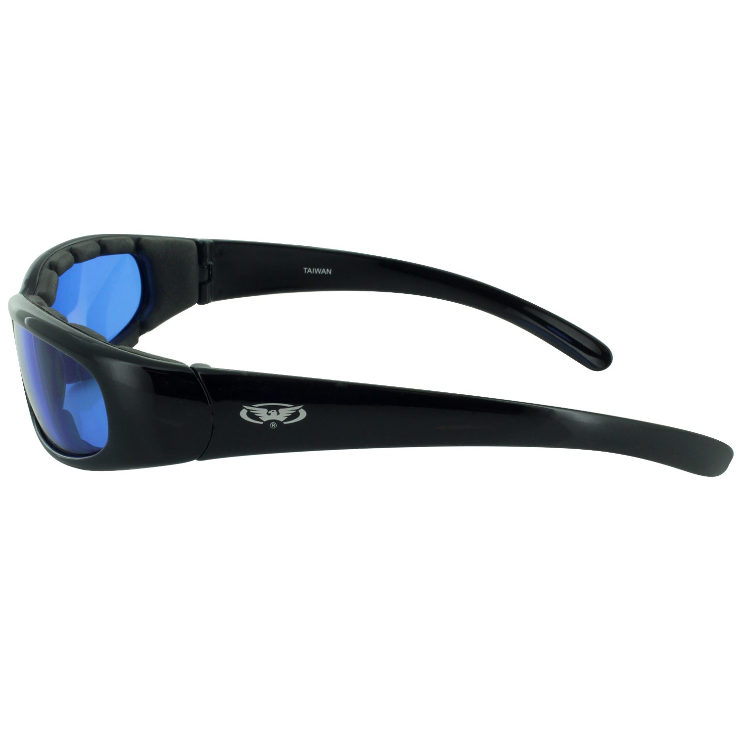 Global Vision Chicago Padded Motorcycle Glasses Black w Blue Lens EAR LOCK Pouch