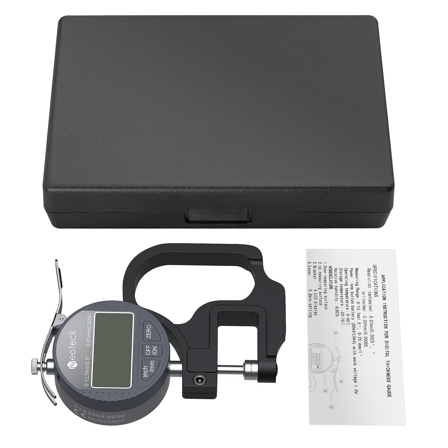 Neoteck Digital Thickness Gauge 0.5in 12.7mm 0.01mm LCD Inch/MM for Leather
