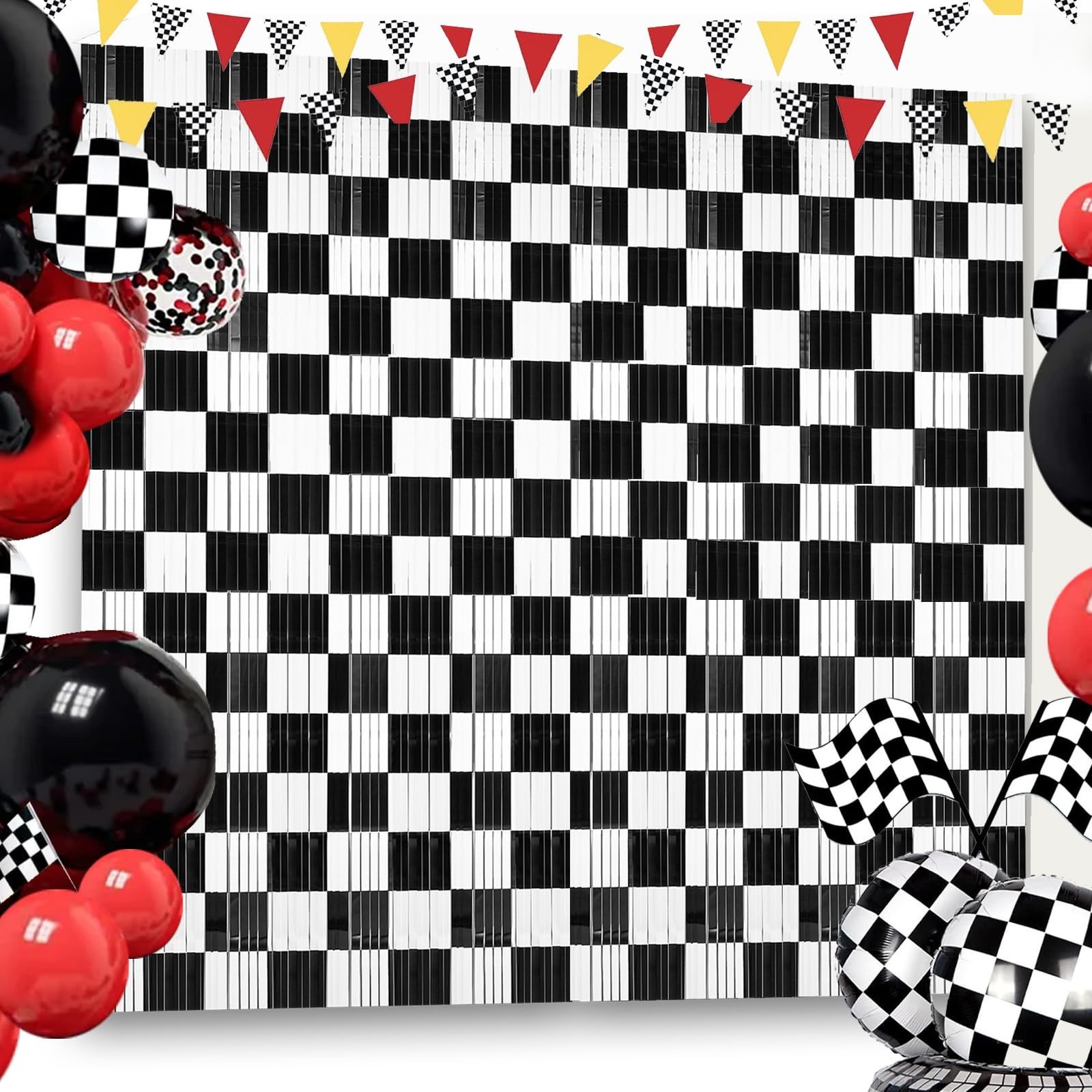 Black and White Checkered Tinsel Backdrop Curtains | 3 PCS, 3.3 x 6.6 ft, Rac…