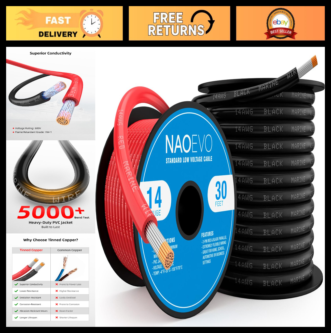 14 AWG Marine Grade Tinned Copper Wire, Waterproof Electrical Cable for Boat, RV