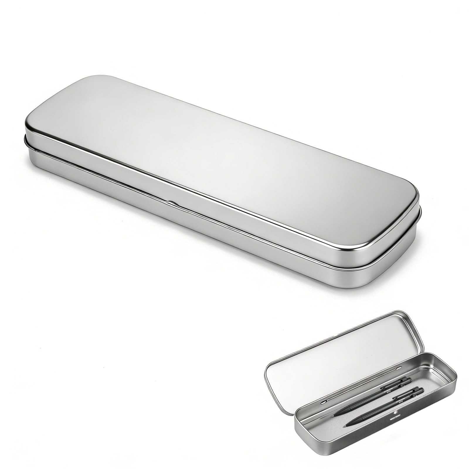 YKEBVPW Metal Pencil Box Tin Case Small 8.07 × 2.56 × 0.98 inches, Silver