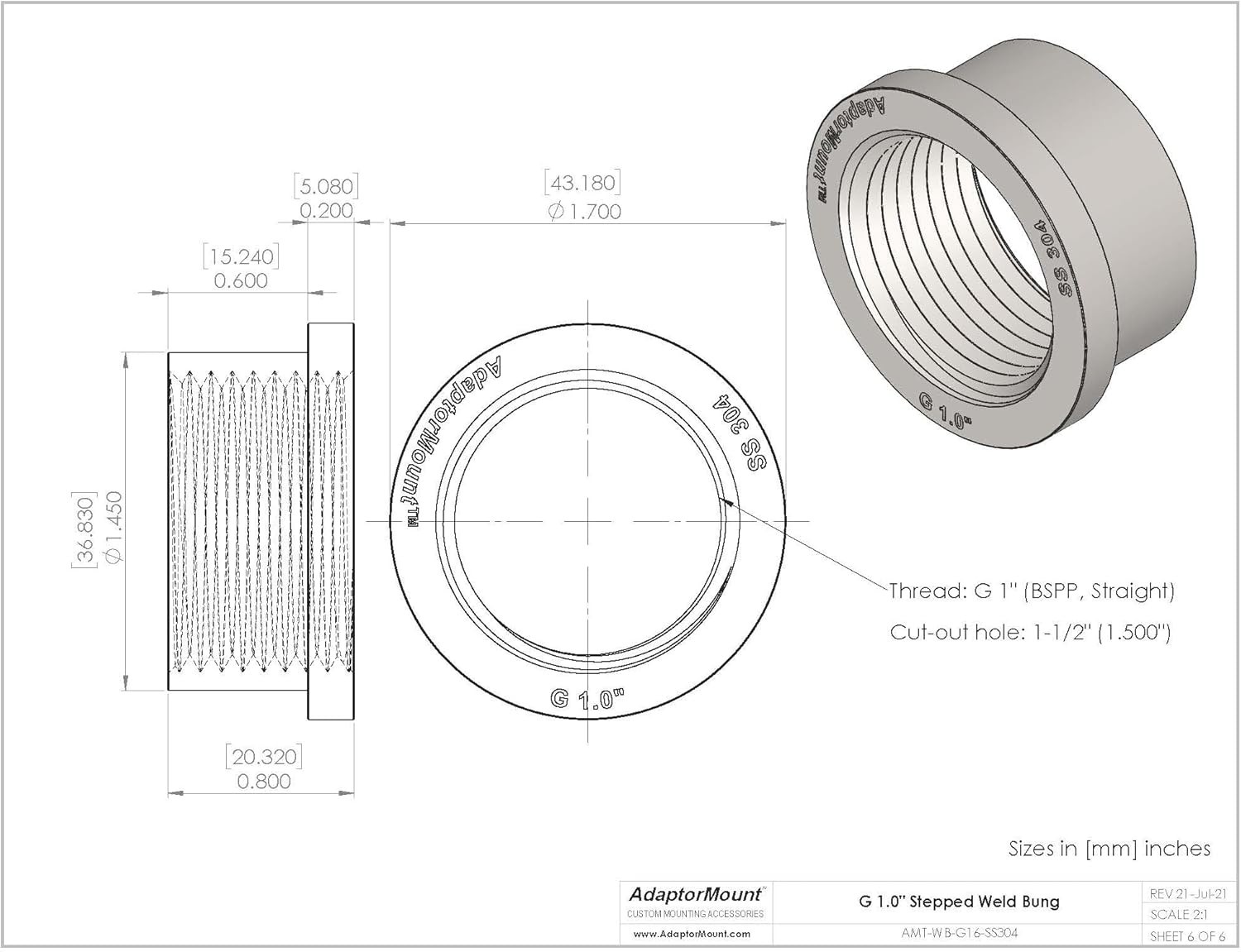 1″ NPT Stainless Steel 304 Female Threaded Stepped Weld Bung Mounting Fitting (O