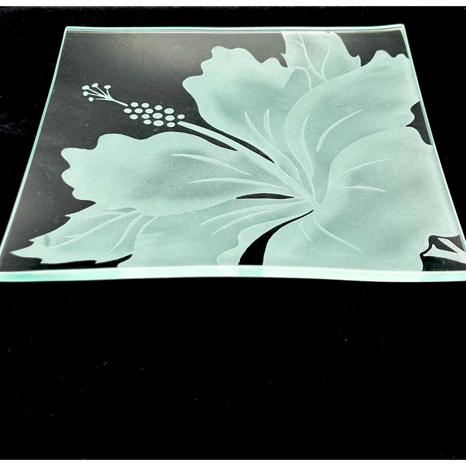 Frosted Glass Hibiscus Flower Square Decorative Tray Etched Clear Glass 7.75in