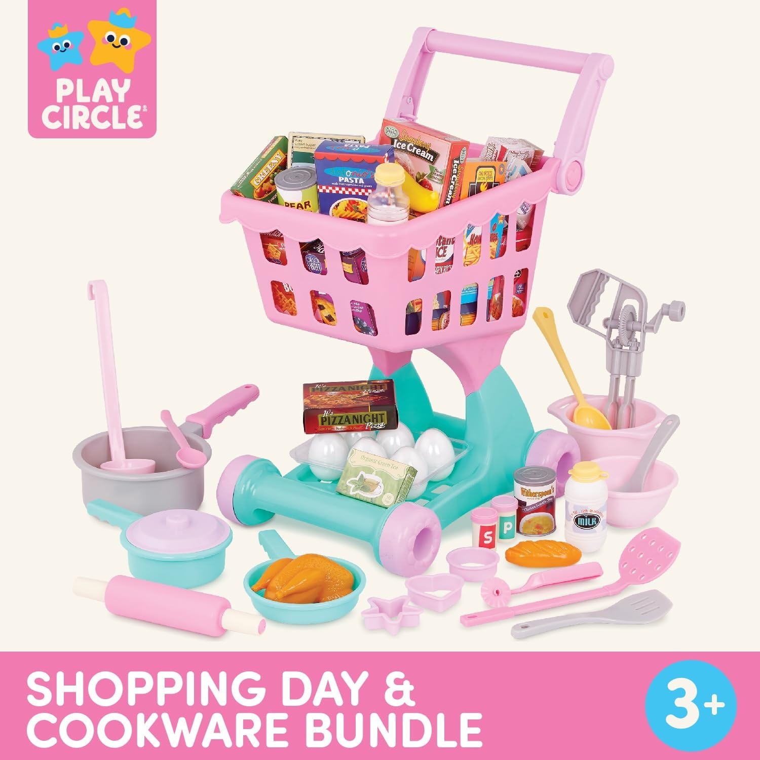 Kids Shopping Cart & Grocery Set – Toy Food Play Kitchen – Pretend Play 3+ Years