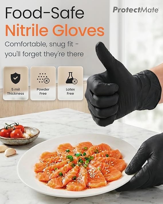 5 Mil Food Prep Black Nitrile Gloves Textured Disposable (Box of 100, Medium)
