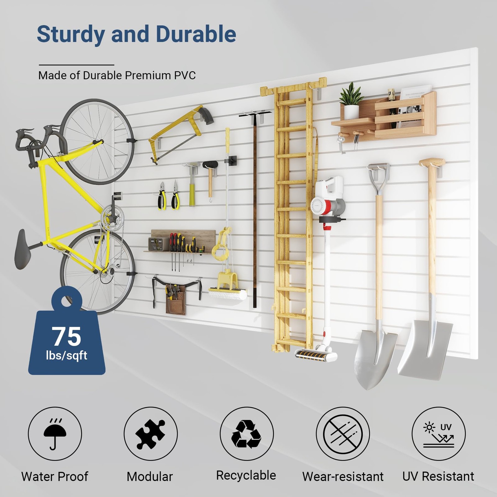 Slatwall Panel 8×4 FT Interlocking PVC Wall Mounted Garage Organizer White