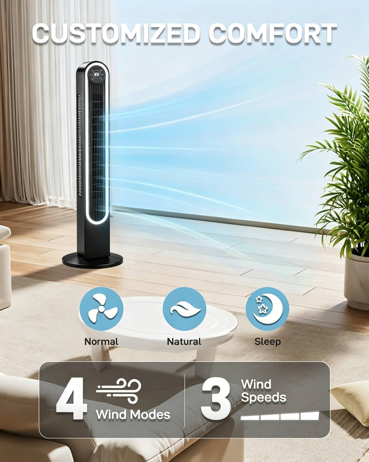 42″ Tower Fan 20dB Quiet for Bedroom,Oscillation Standing Floor Fan w/9H Timer