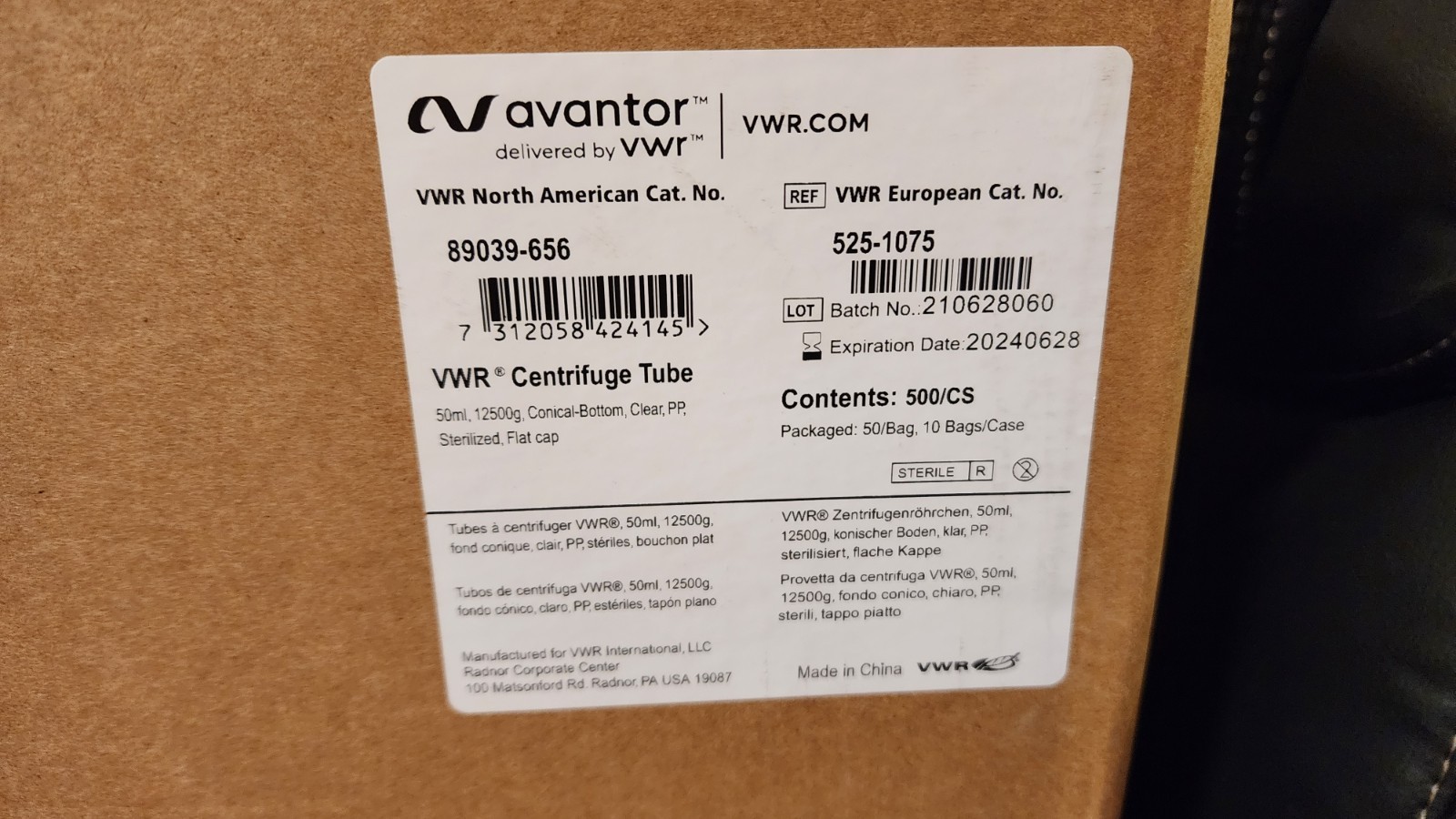 500x Lot 50 mL Sterile Conical Centrifuge Conical-Bottom Clear Tube Flat Cap VWR