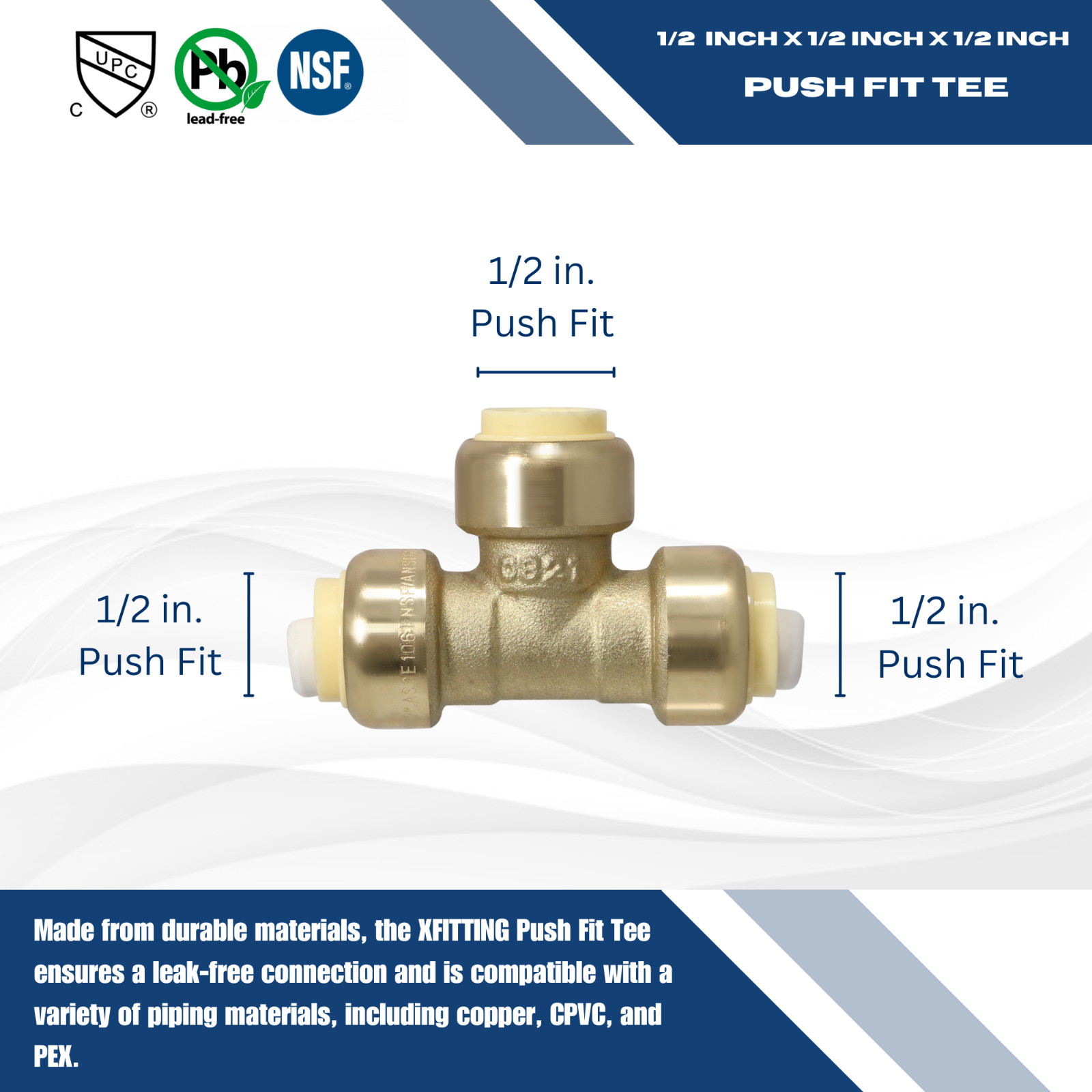 10) 1/2″ Push-Fit Tee w. 1 Free Removing Clip, Lead Free Brass
