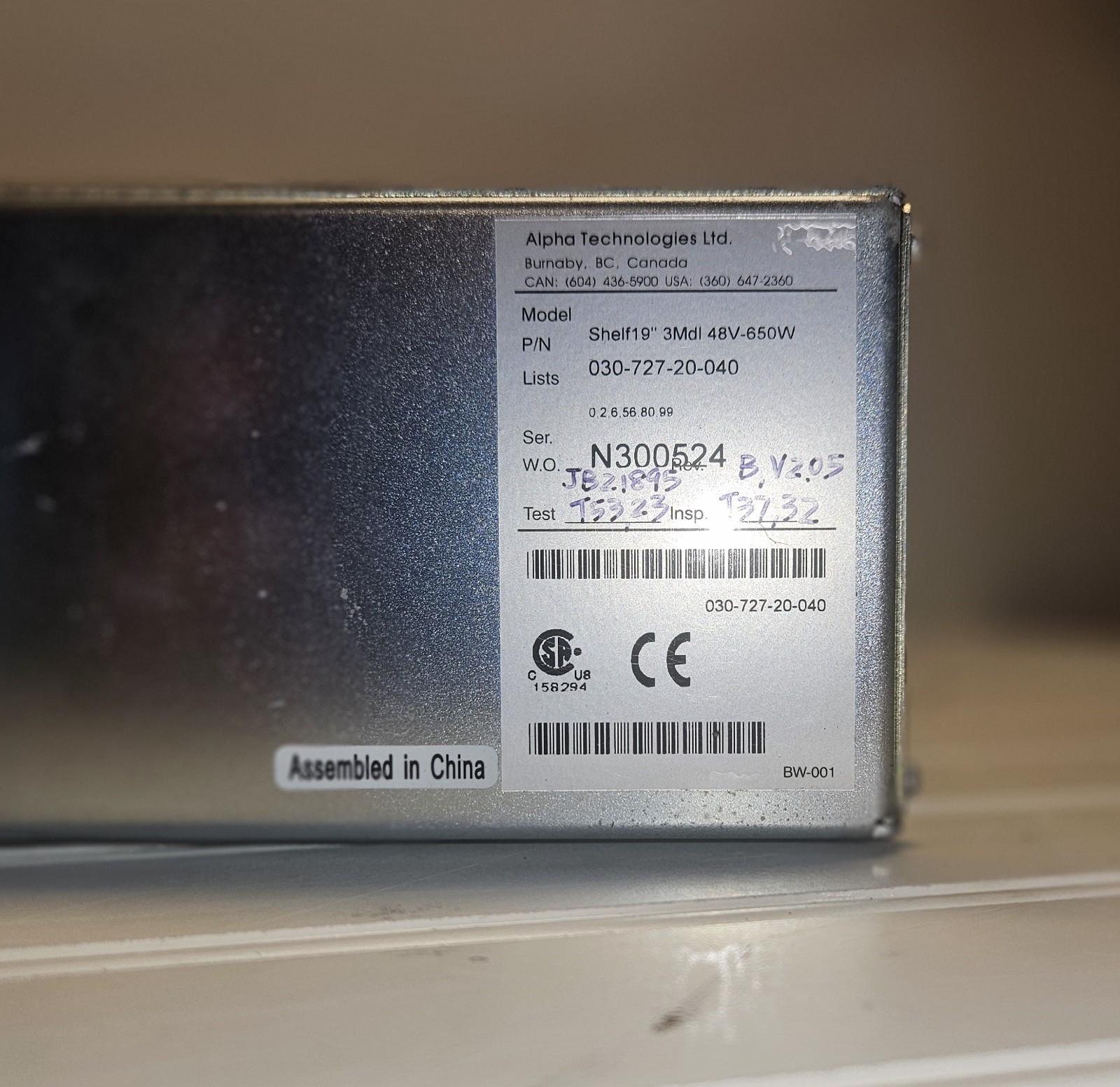 ALPHA / ARGUS 48VDC CORDEX 1.9kW RECTIFIER SHELF SYSTEM 120/240VAC IN 48VDC OUT