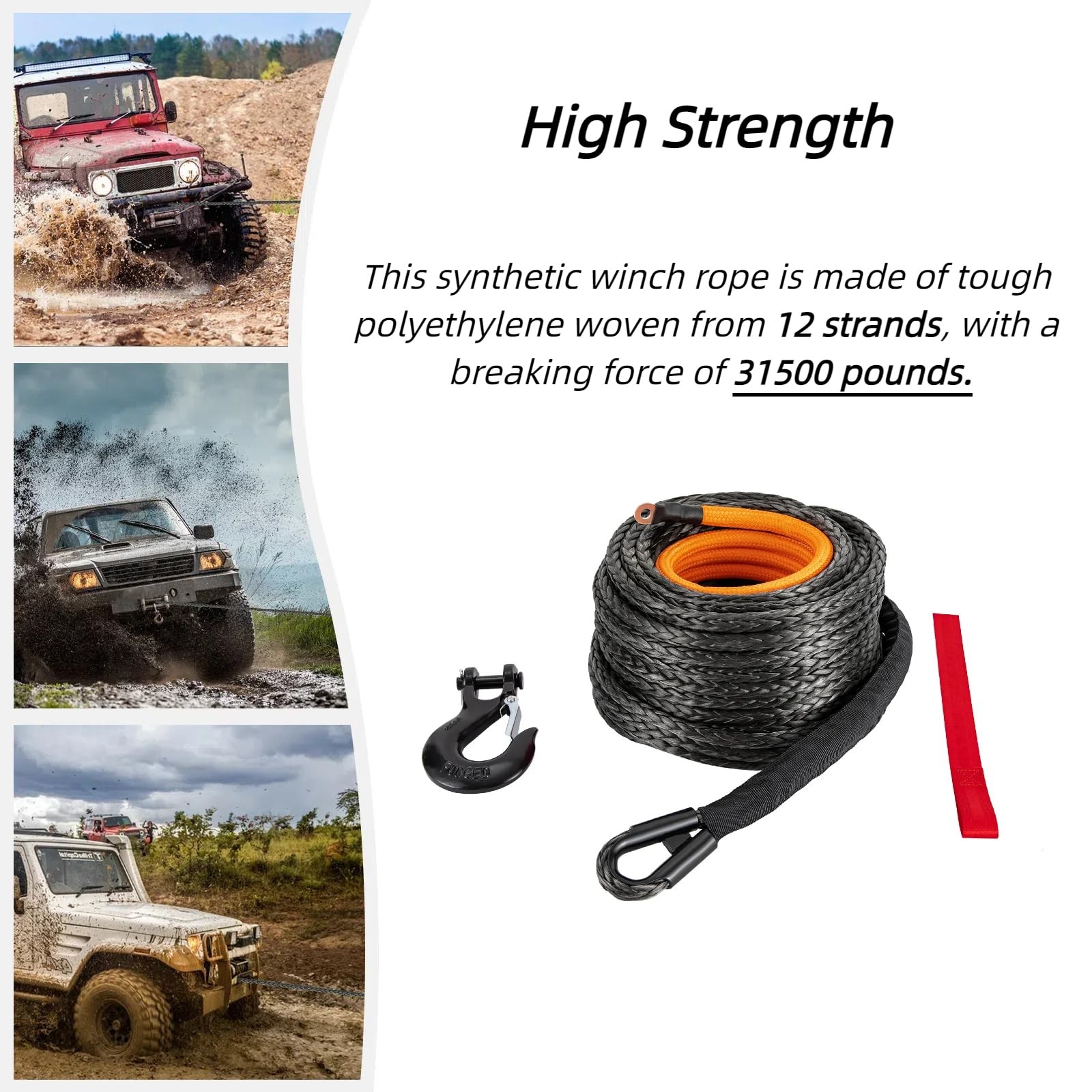 Synthetic Winch Rope 1/2″ x 92ft 31500lbs Dyneema Sleeve Hook Truck ATV SUV