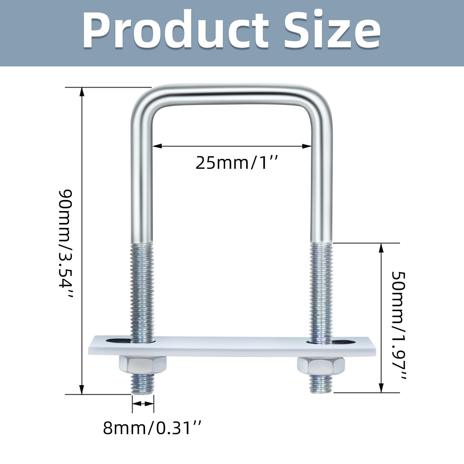 4 Sets M8x25x90mm Square U Bolt, 1 Inner Width, 3.54 Length, Zinc, Plate