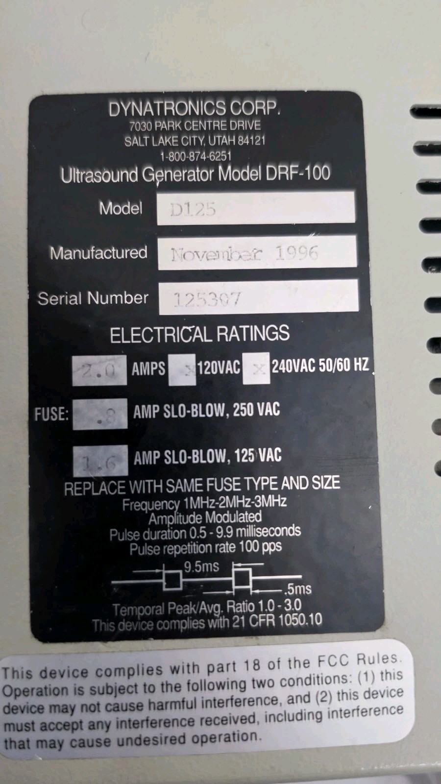 Dynatronics Dynamite Sound D125 Ultrasound Generator W/ 10cm Probe