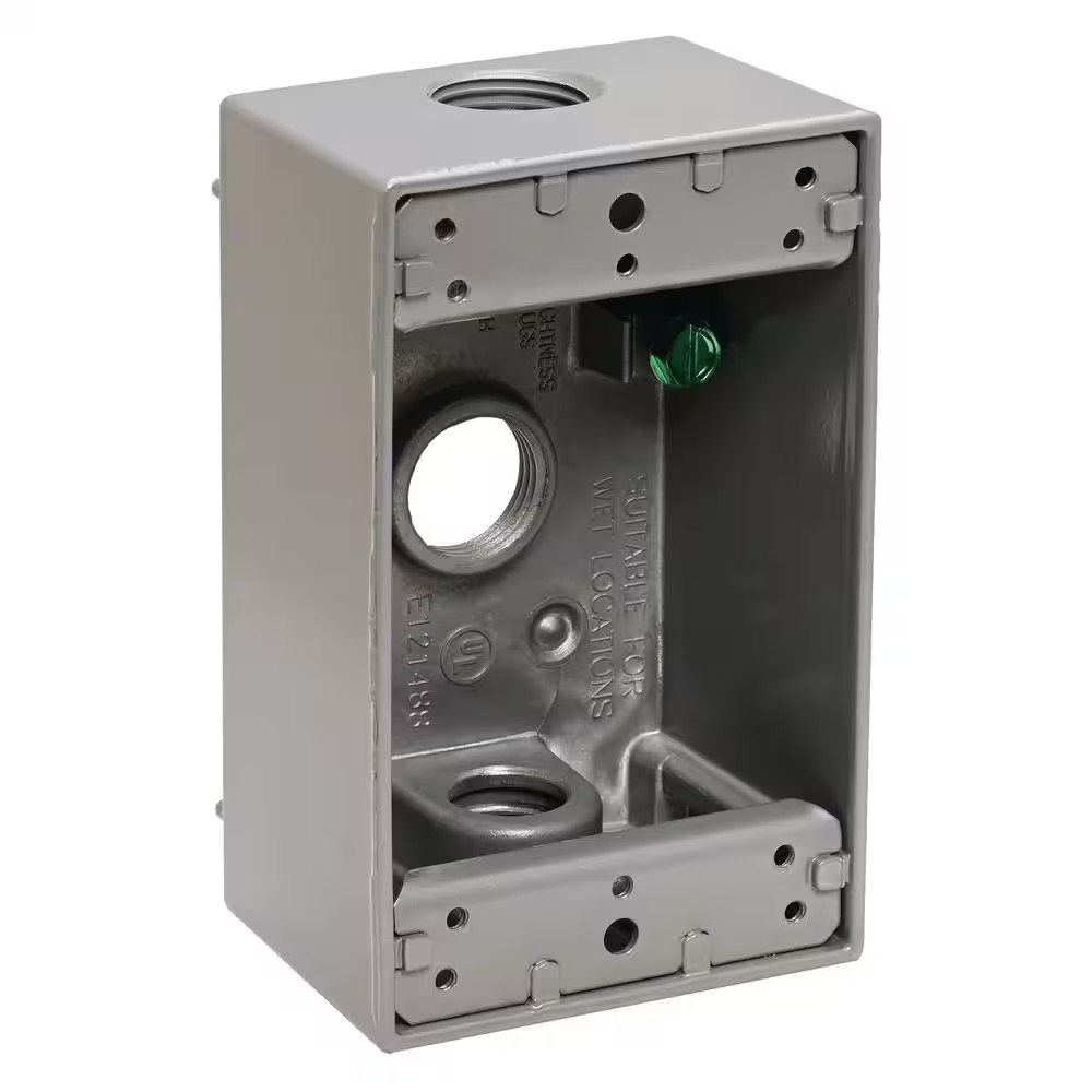 1-Gang Metal Weatherproof Electrical Outlet Box with (3) 1/2 Inch Holes, Gray