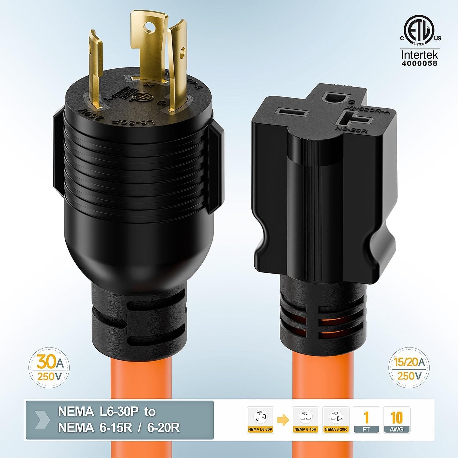 1FT Nema L6-30P 30-Amp Twist Locking Plug Male to 6-20R T-Blade Adapter, STW 12-