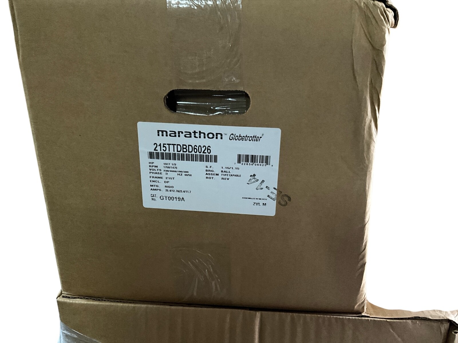NEW Marathon Motor, 10 & 7.50 HP, 3 Ph, 60 & 50 Hz, 230/460V, 215TTDBD6026BB