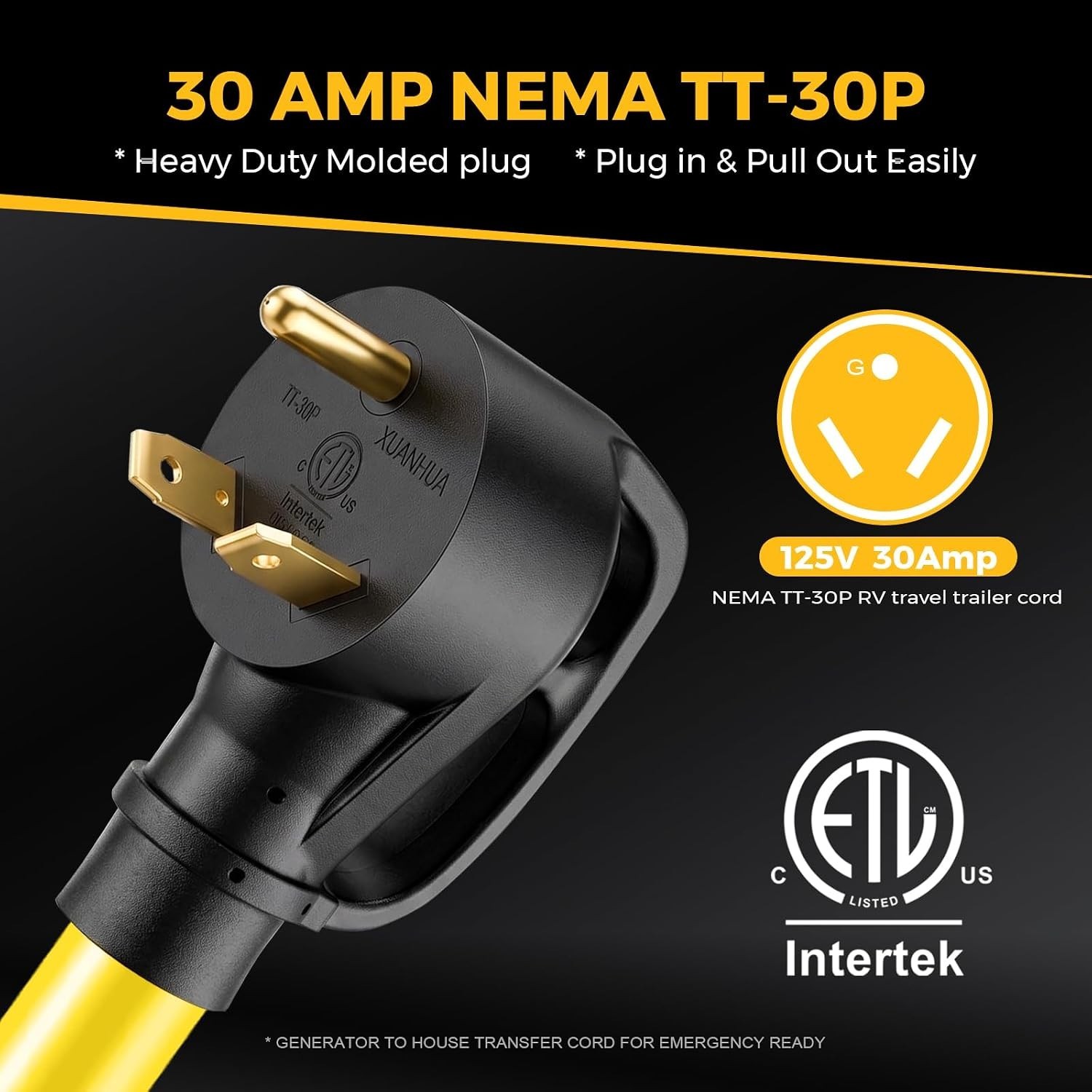 NEMA TT-30P to L14-30R Generator Adapter Cord, 30 Amp 3 Prong to 4 Prong Generat