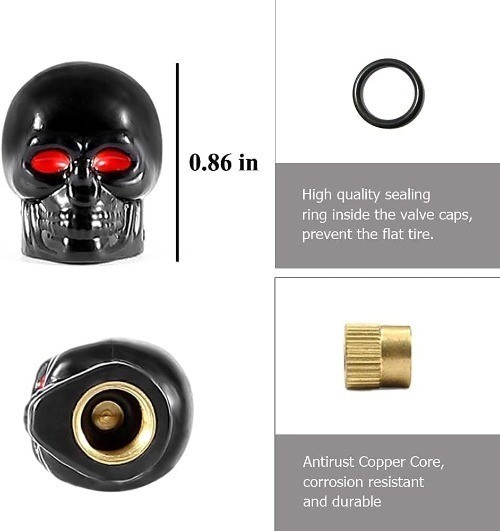 Black Skull Style Anti-Rust Valve Stem Caps with Copper Core for Color: Black