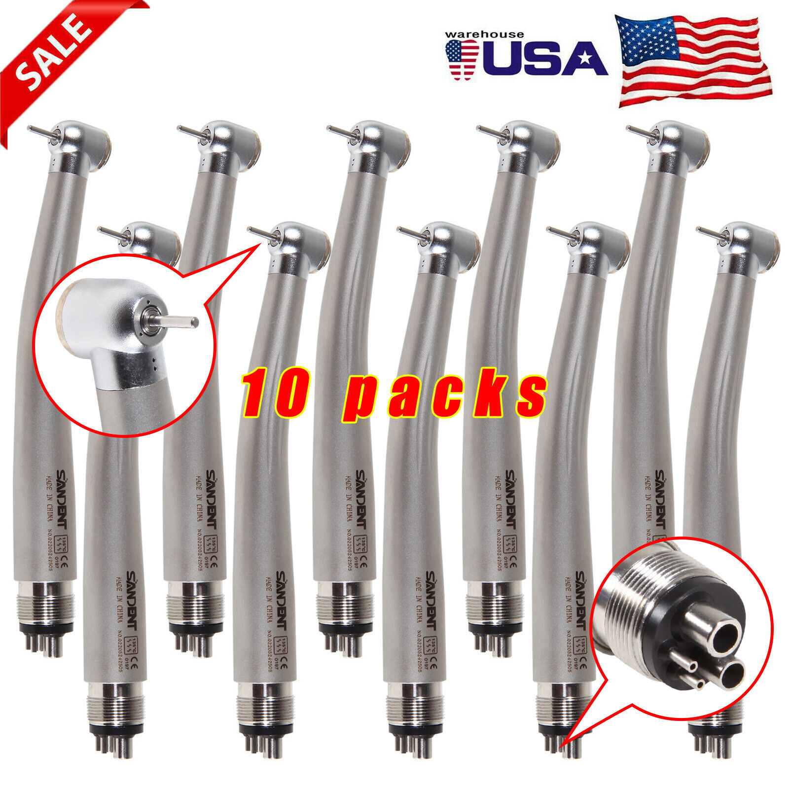 1-10 Packs Dental High Speed Push Turbine Handpiece 4Hole /Quick Coupler fit NSK