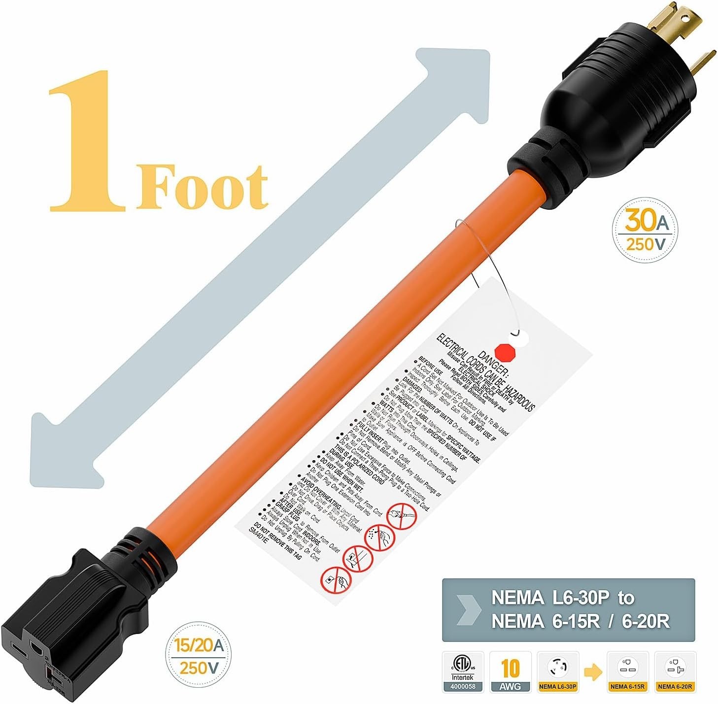 1FT Nema L6-30P 30-Amp Twist Locking Plug Male to 6-20R T-Blade Adapter, STW 12-