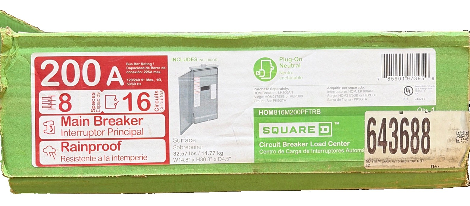Square D 200A 8 Space 16 Main Breaker Circuit Load Center (HOM816M200PFTRB)