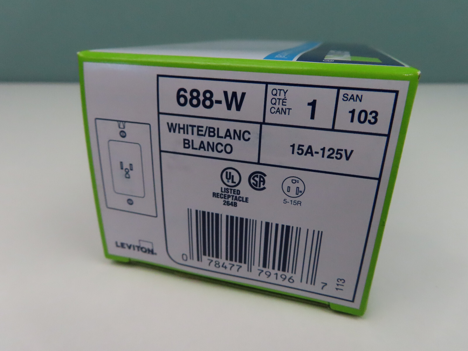 Leviton 688-W, 125 V, 15A, NEMA 5-15R, White, Clock Hanger Receptacle, 1 pc, New