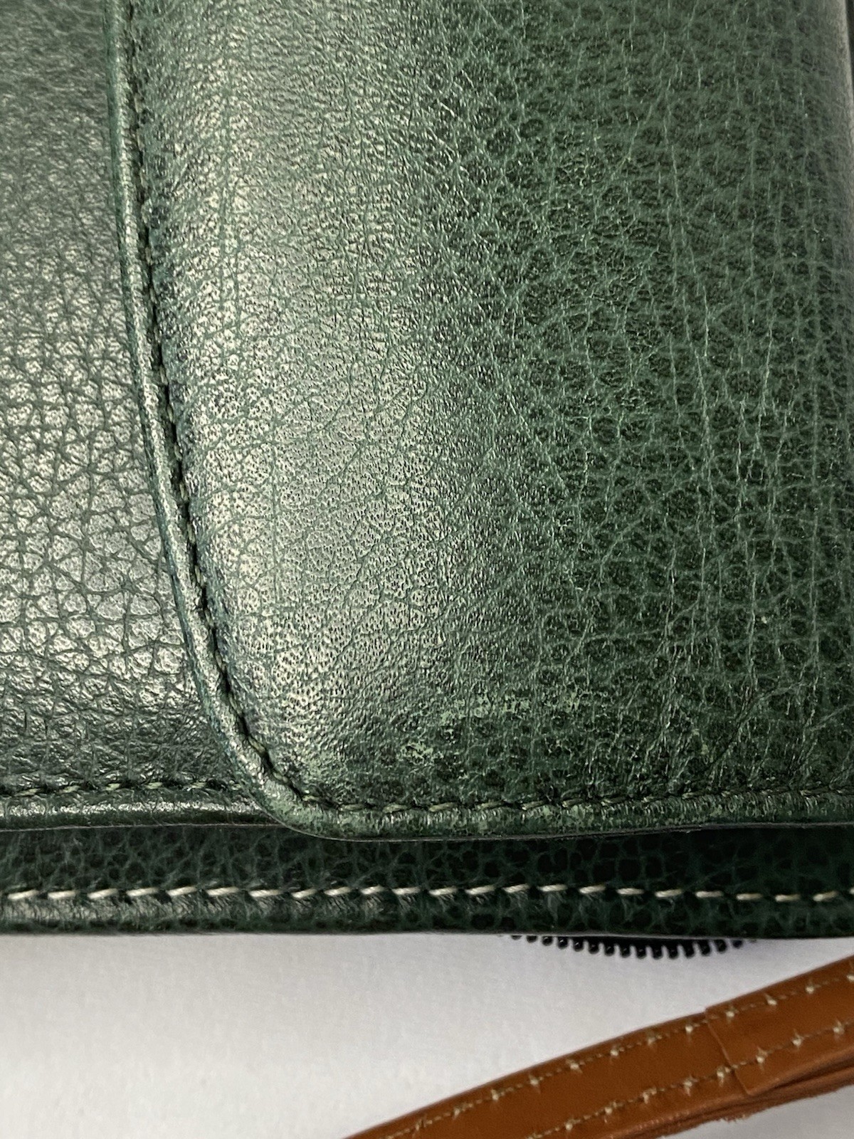 VINTAGE FRANKLIN QUEST ZIP PLANNER LEATHER GREEN/BROWN W/ADJ STRAP 6-1″ RINGS
