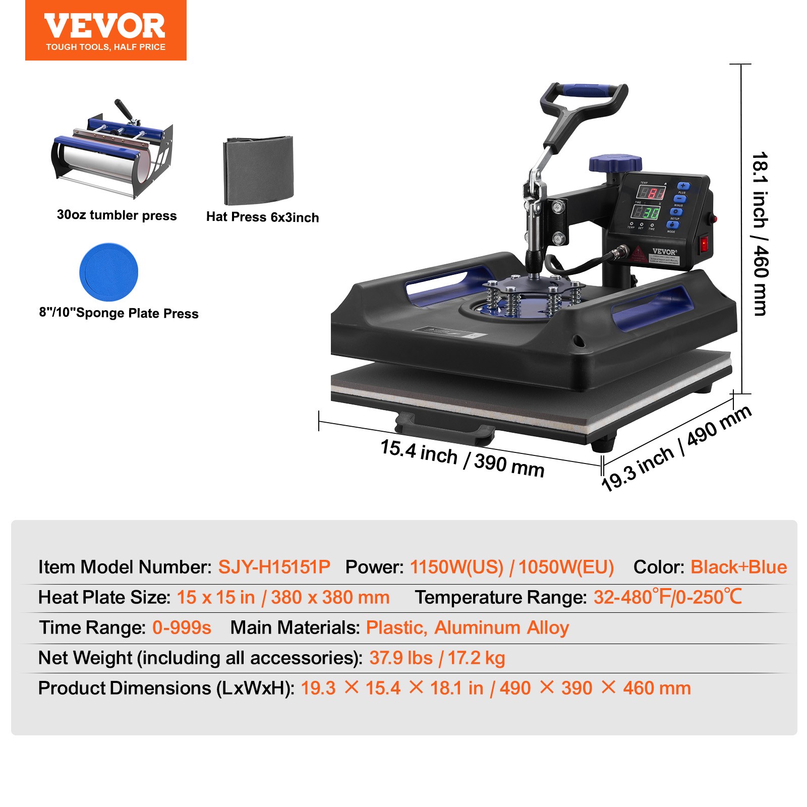 VEVOR Heat Press Machine 15×15 in with 30oz Tumbler Press T-Shirts Black+Blue