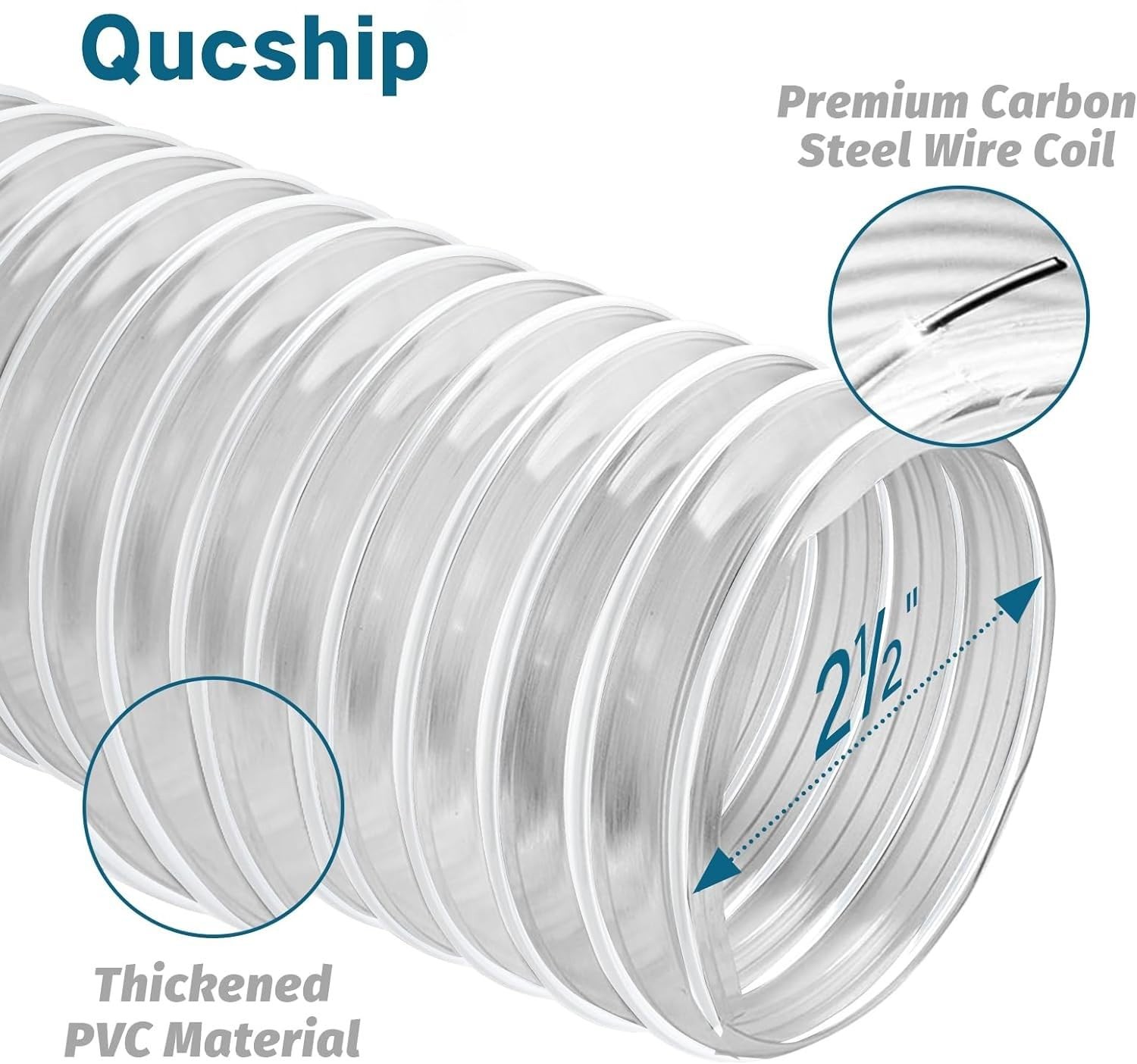 Qucship 2-1/2 x 10′ Heavy-Duty PVC Dust Collection Hose, Puncture-Resistant, Fle