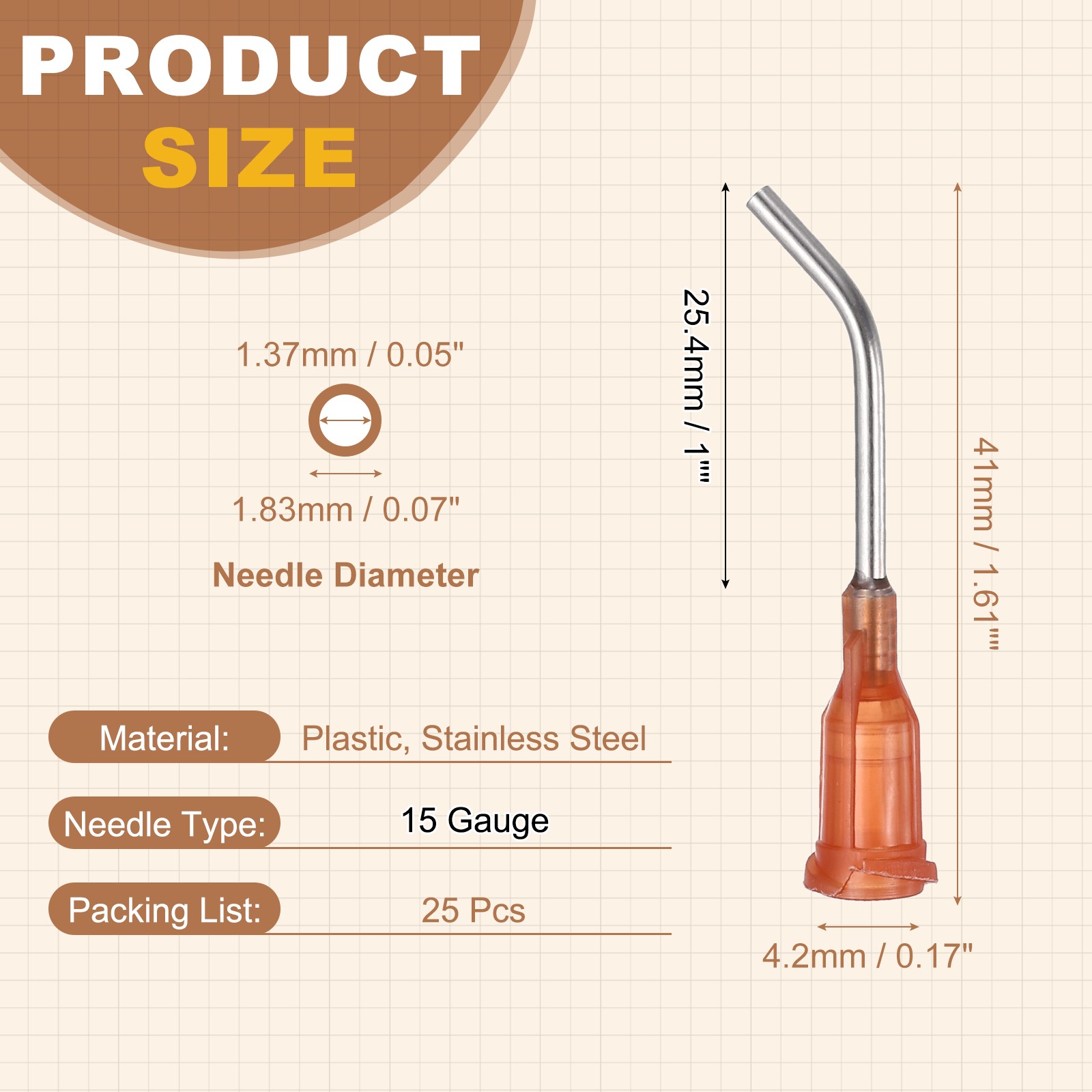 25Pcs 1Inch 15Ga 45° Angled Dispensing Needles, Brown