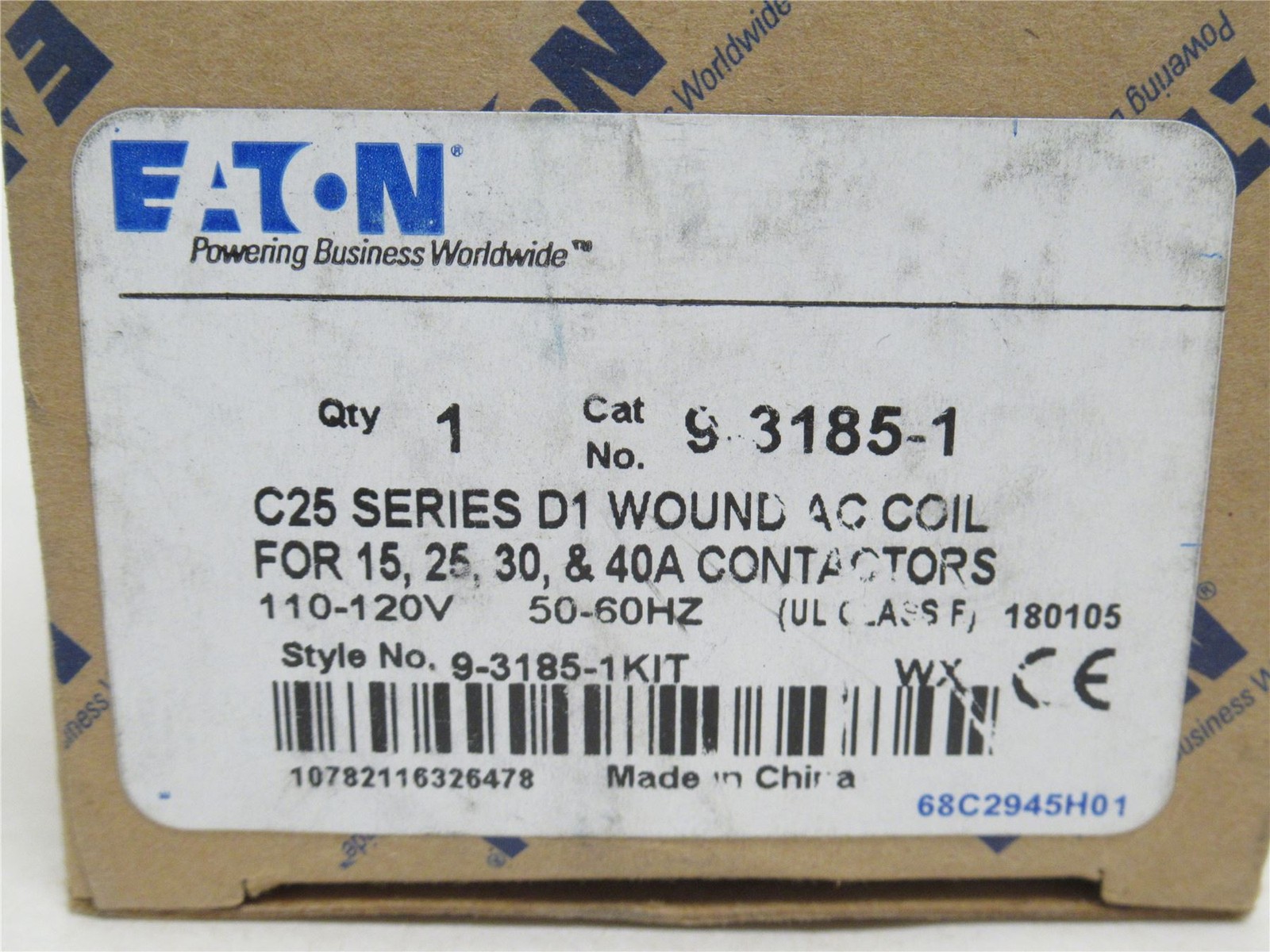 239850 New In Box; Eaton 9-3185-1 Contactor Coil: 110/120VAC; 15-40A