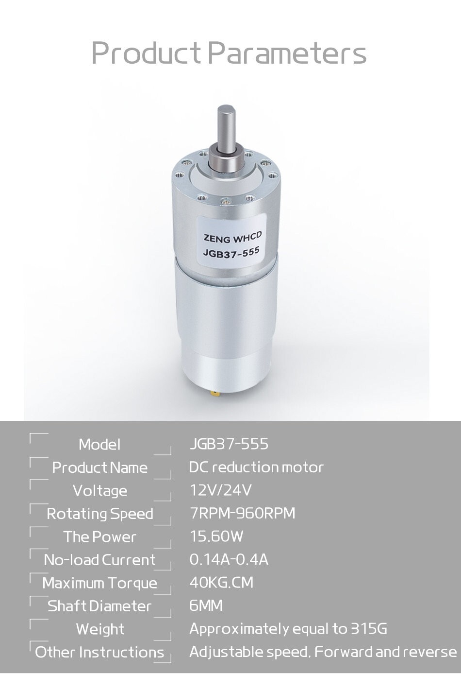 JGB37-555 Reduction Gear Motor DC 12V 24V Reversible High Torque Metal Gearbox
